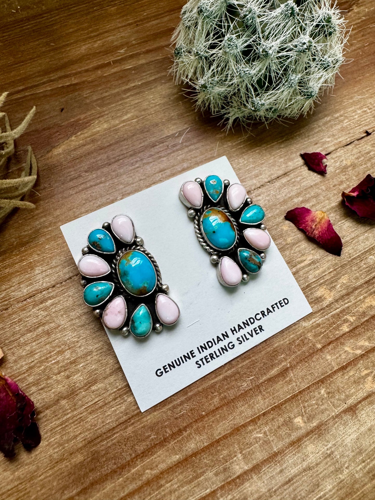 Big Half Cluster Earrings – "Cotton Candy" Mix of Pink Conch & Kingman Turquoise