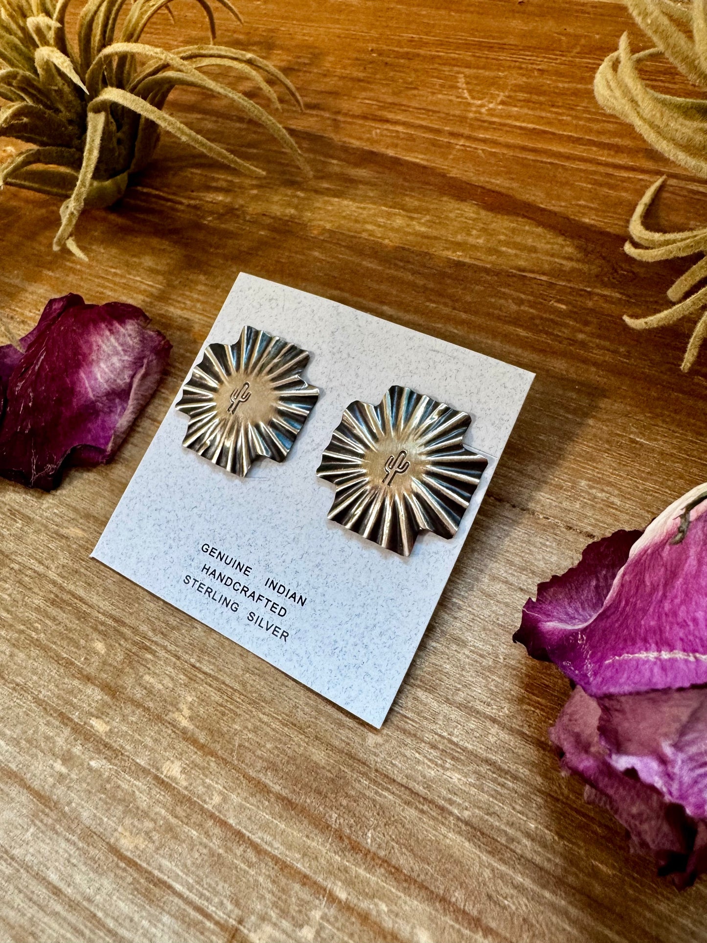 Square Cross Stud Earrings with Cactus Stamp – Sterling Silver