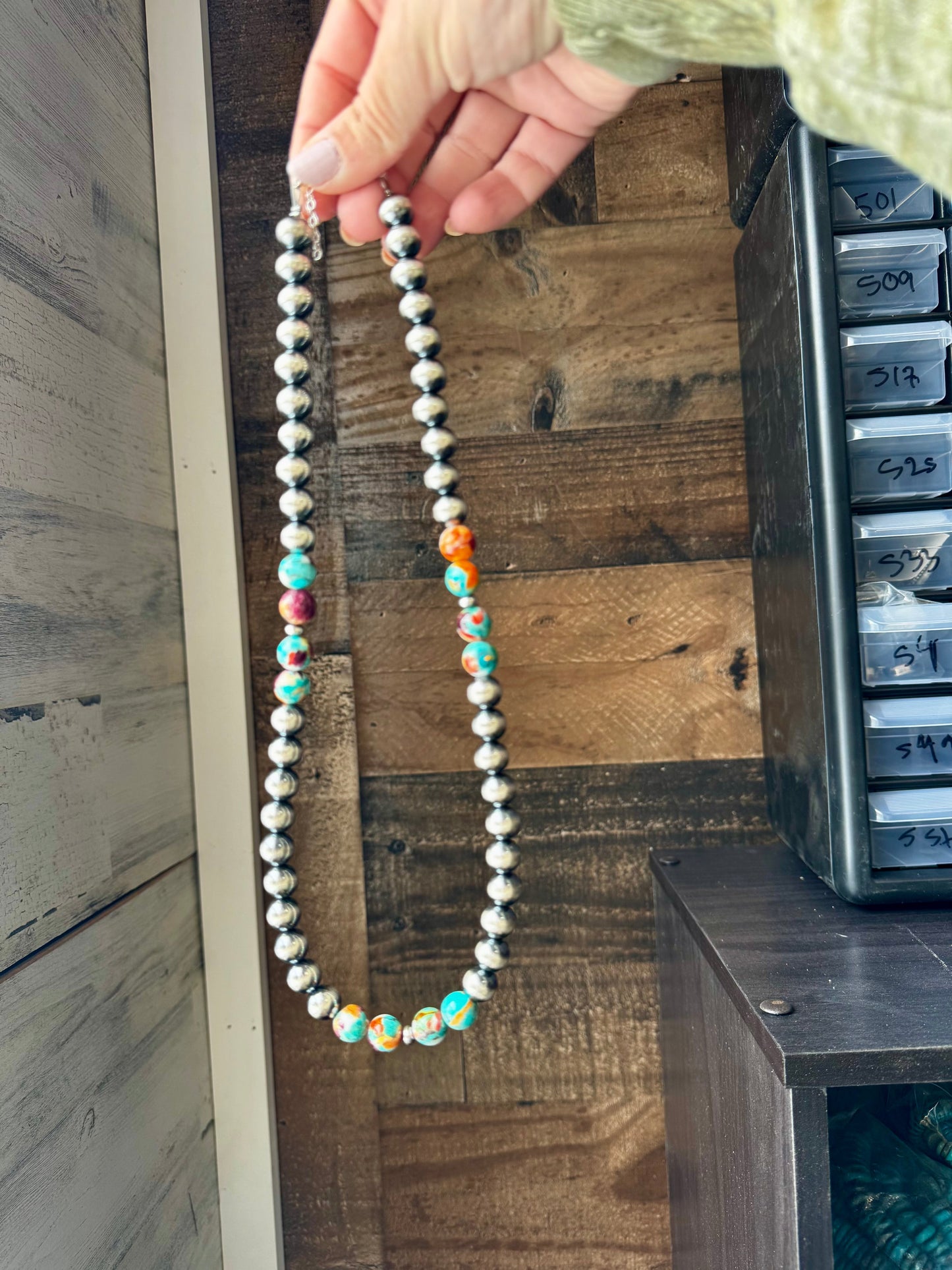 21 inch 8 mm Sterling Silver Pearls necklace with turquoise and spiny Mohave
