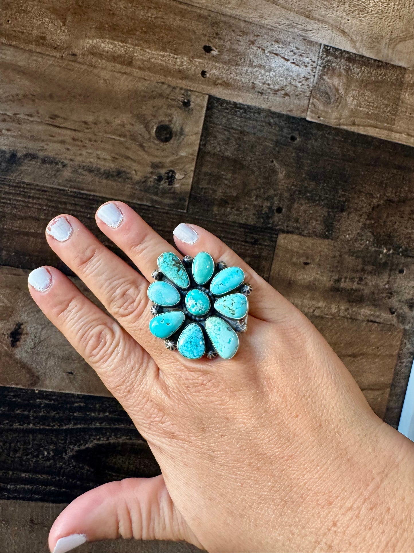 Big flower ring- size 7- Royston turquoise ring and sterling silver