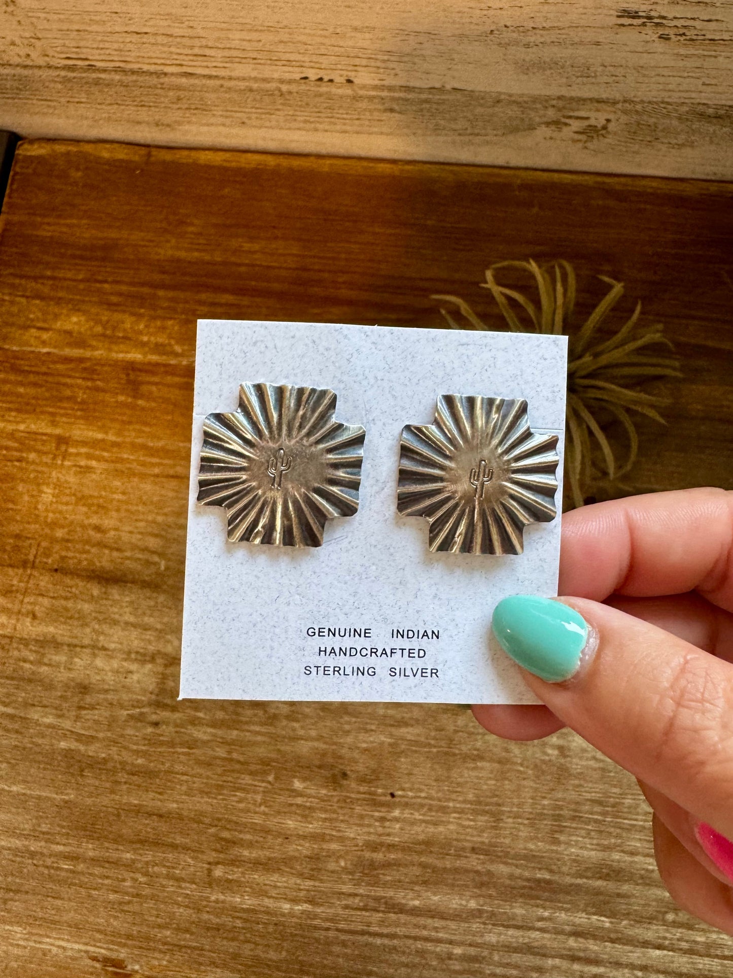 Square Cross Stud Earrings with Cactus Stamp – Sterling Silver