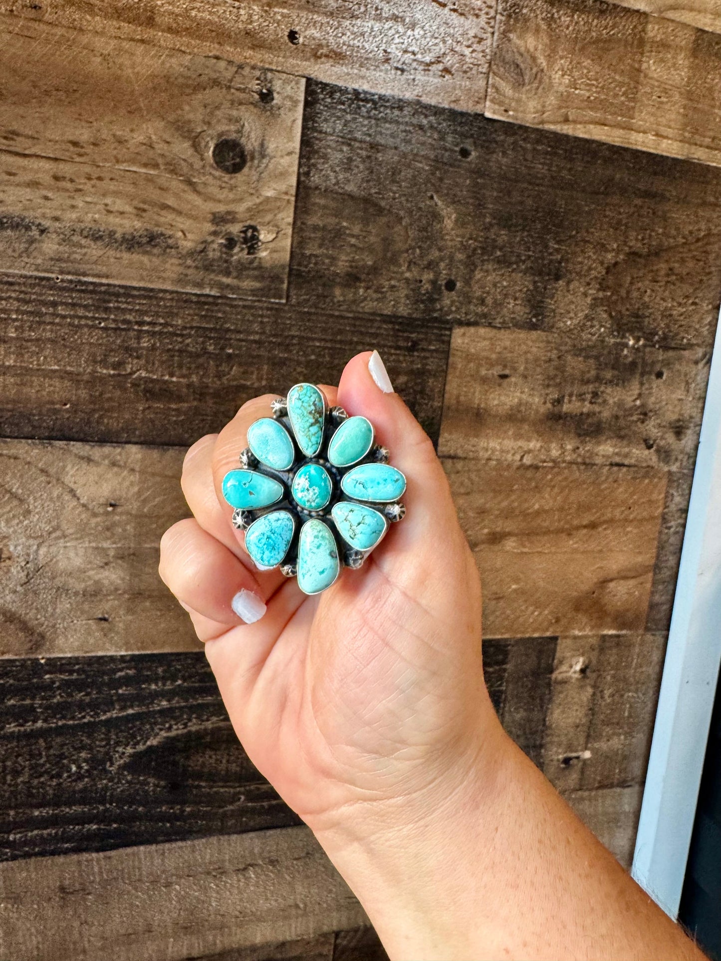 Big flower ring- size 7- Royston turquoise ring and sterling silver