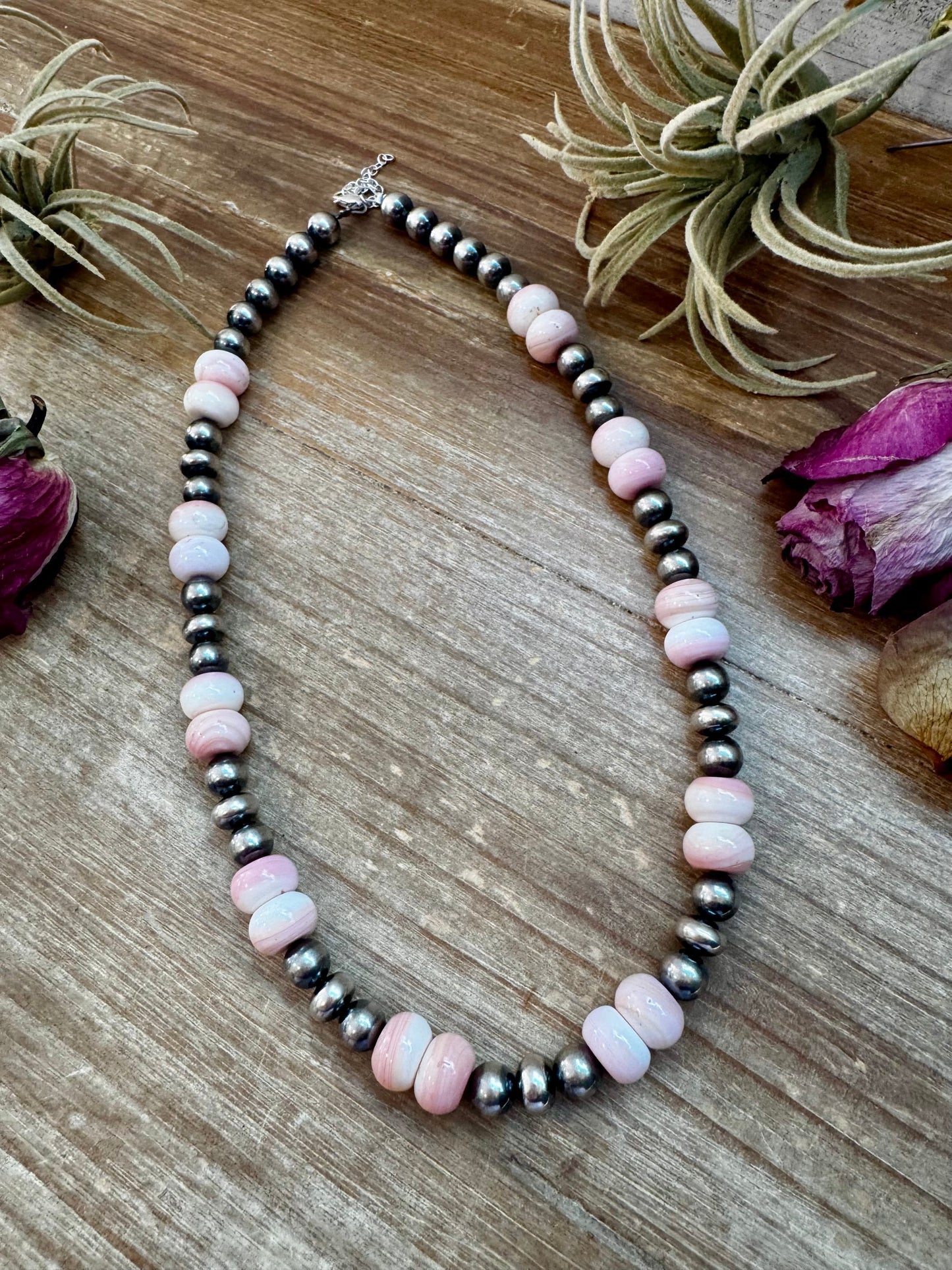 NFR Collection Necklace – 8mm Sterling Silver Pearls with 10mm Pink Conch Rondelles – Handmade by The Bijoux FAB – 19"