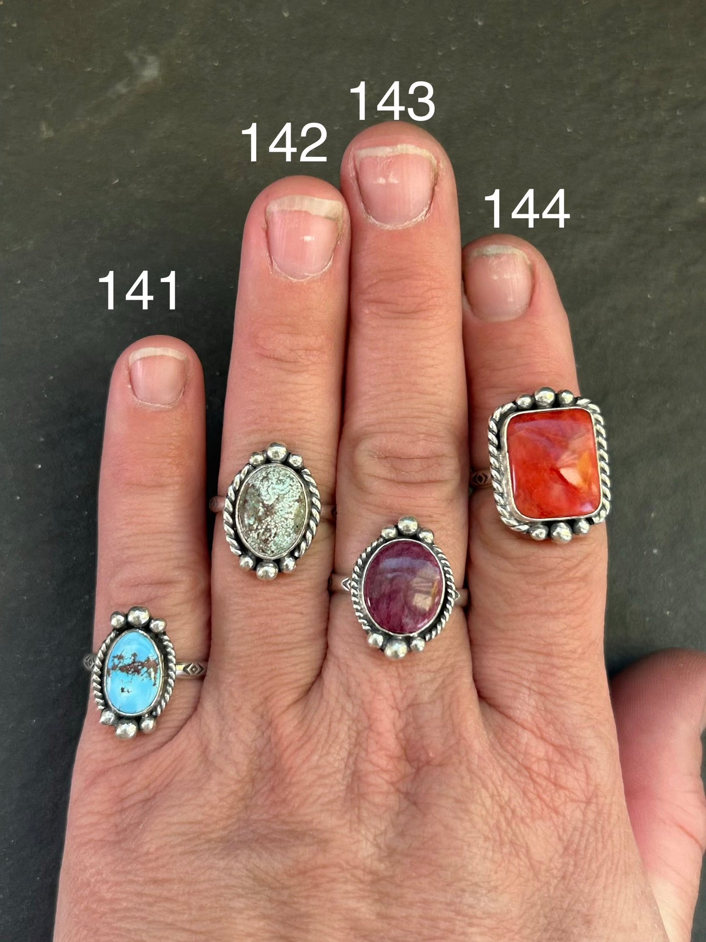 144 - Sterling Silver Red Spiny Oyster Medicine Man Eye Stamped Stacking Ring by Jason Ogg