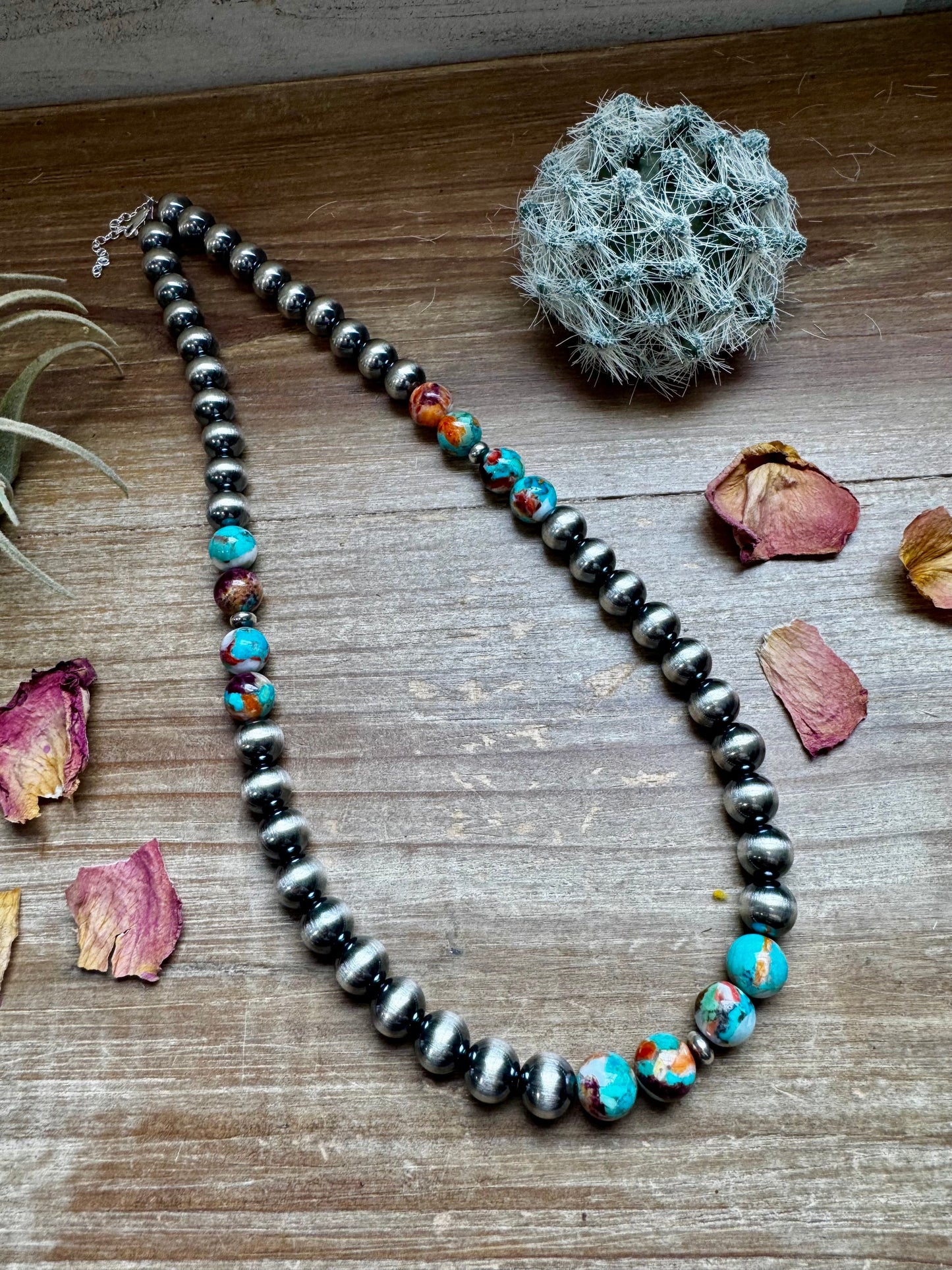21 inch 8 mm Sterling Silver Pearls necklace with turquoise and spiny Mohave