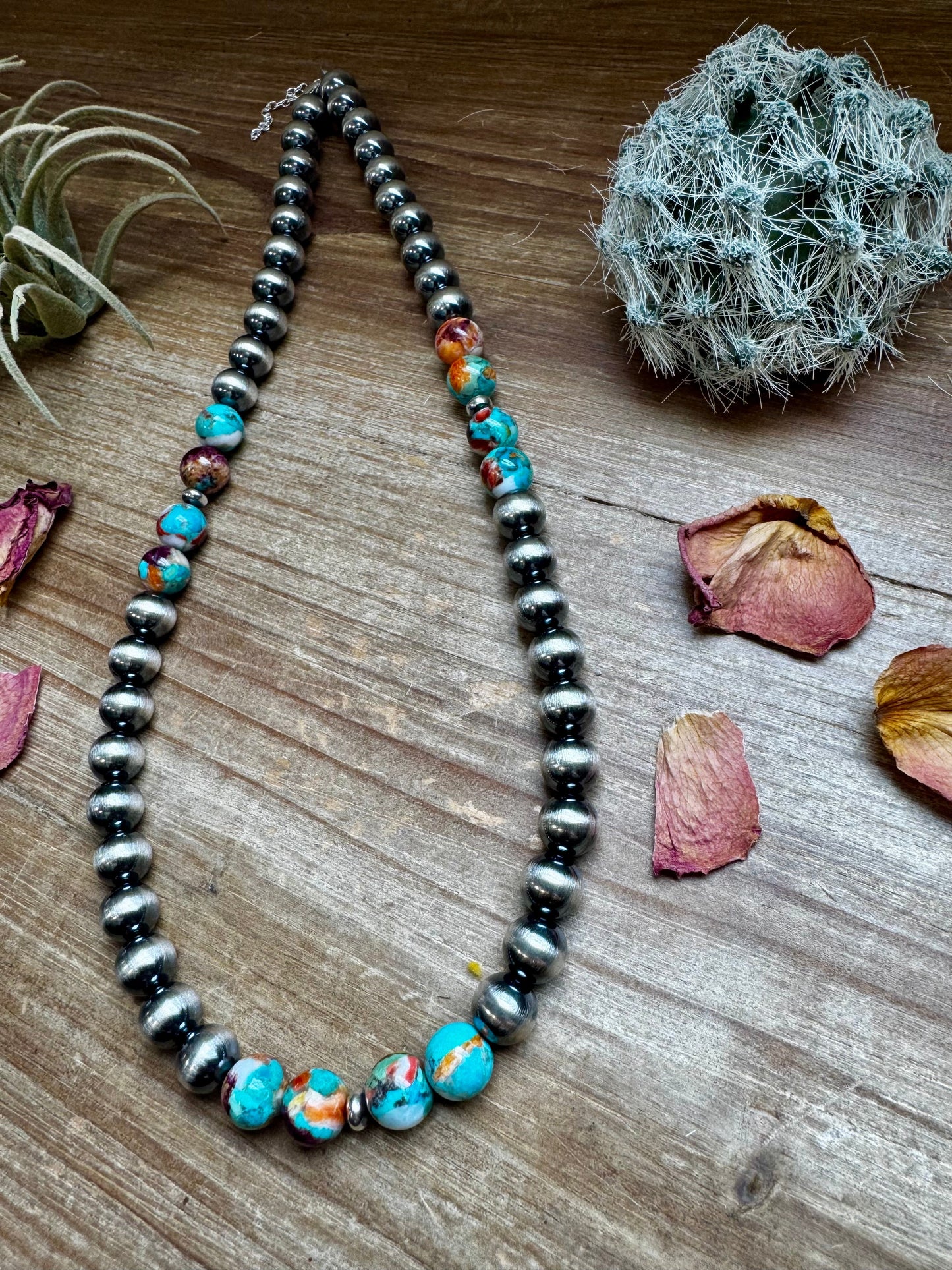21 inch 8 mm Sterling Silver Pearls necklace with turquoise and spiny Mohave