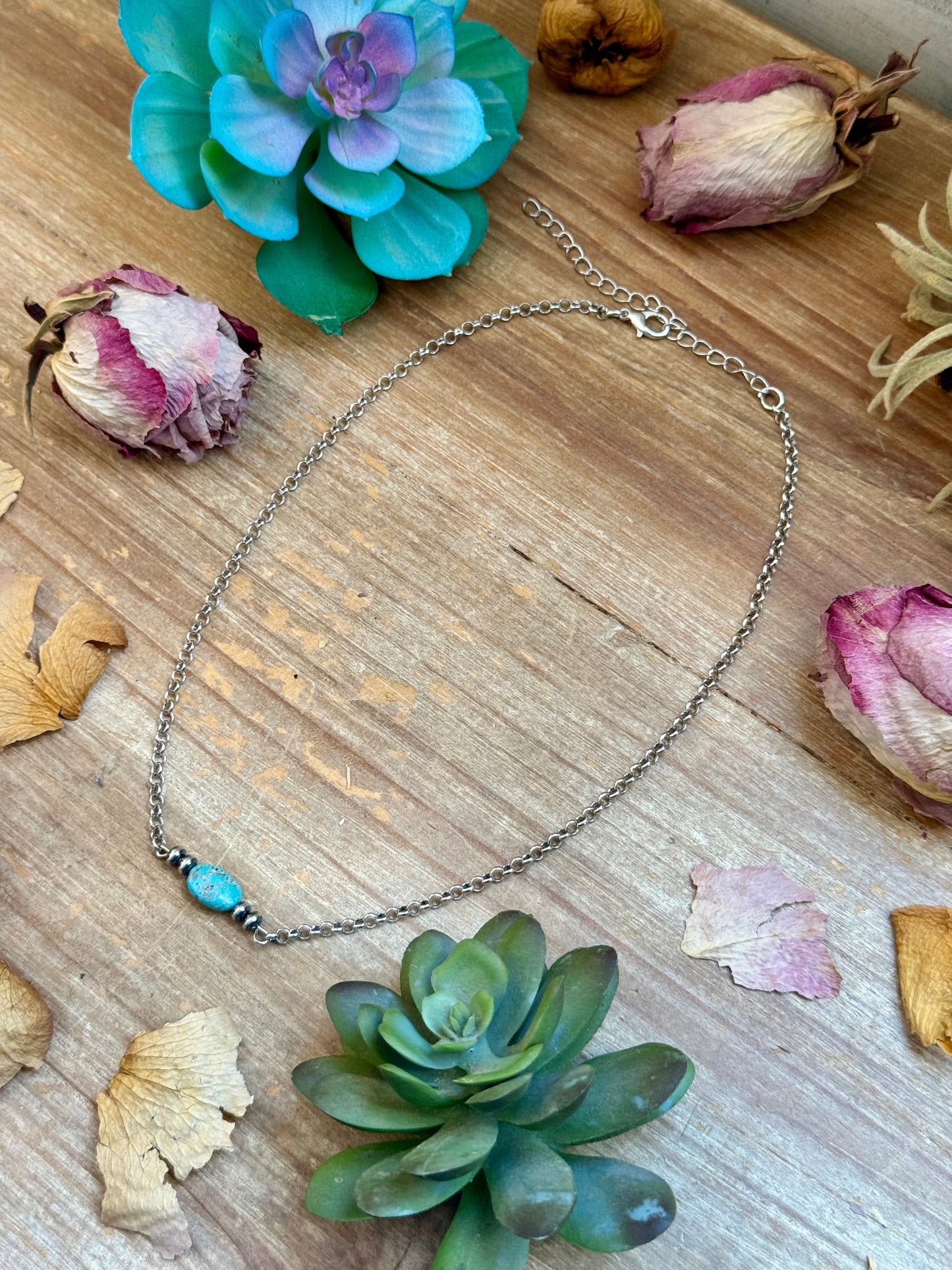 Turquoise Center & Sterling Saucer Pearl Necklace 16”