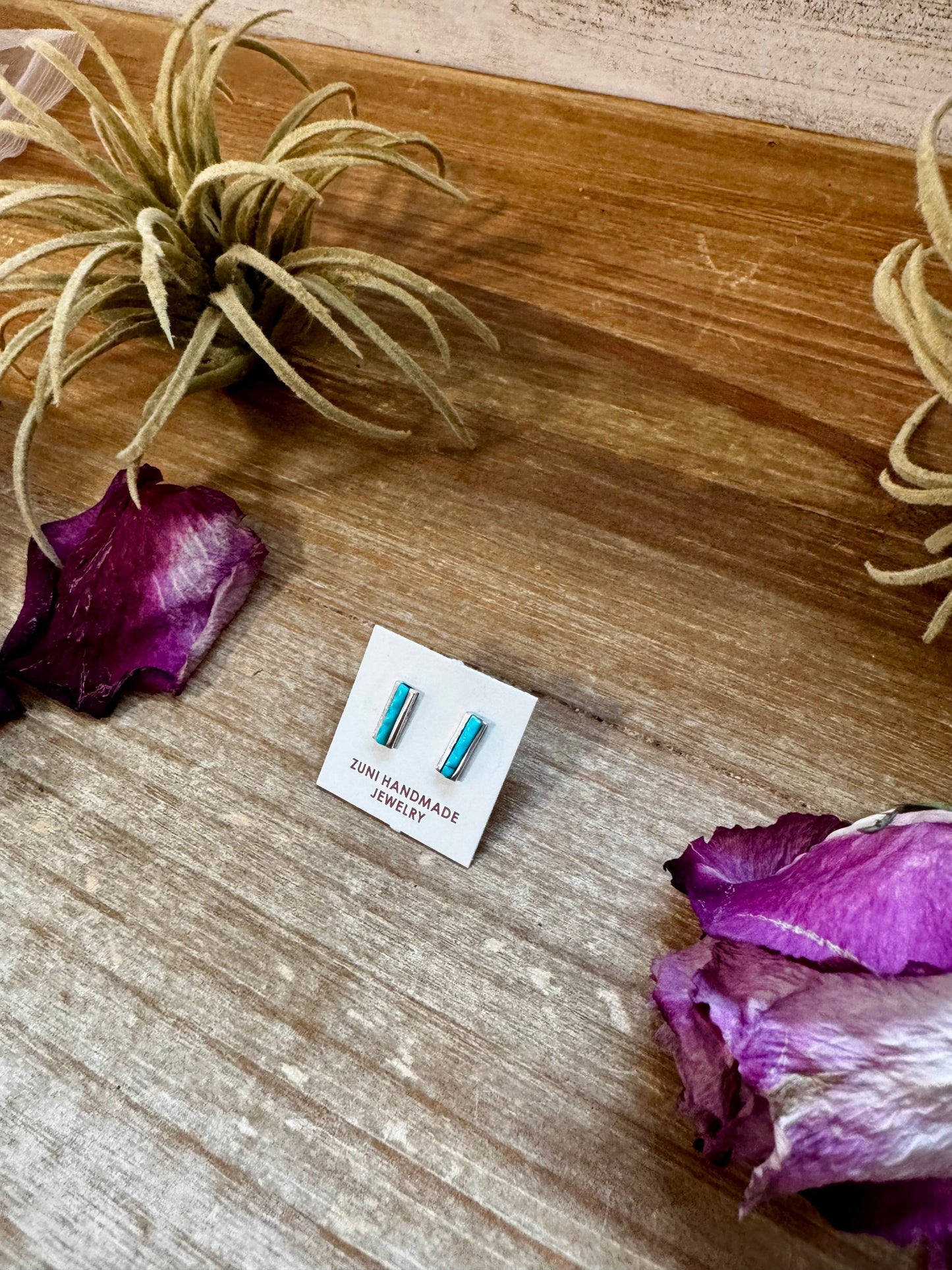 Mini Rectangle Stud Earrings – Kingman Turquoise – Sterling Silver – Zuni Made