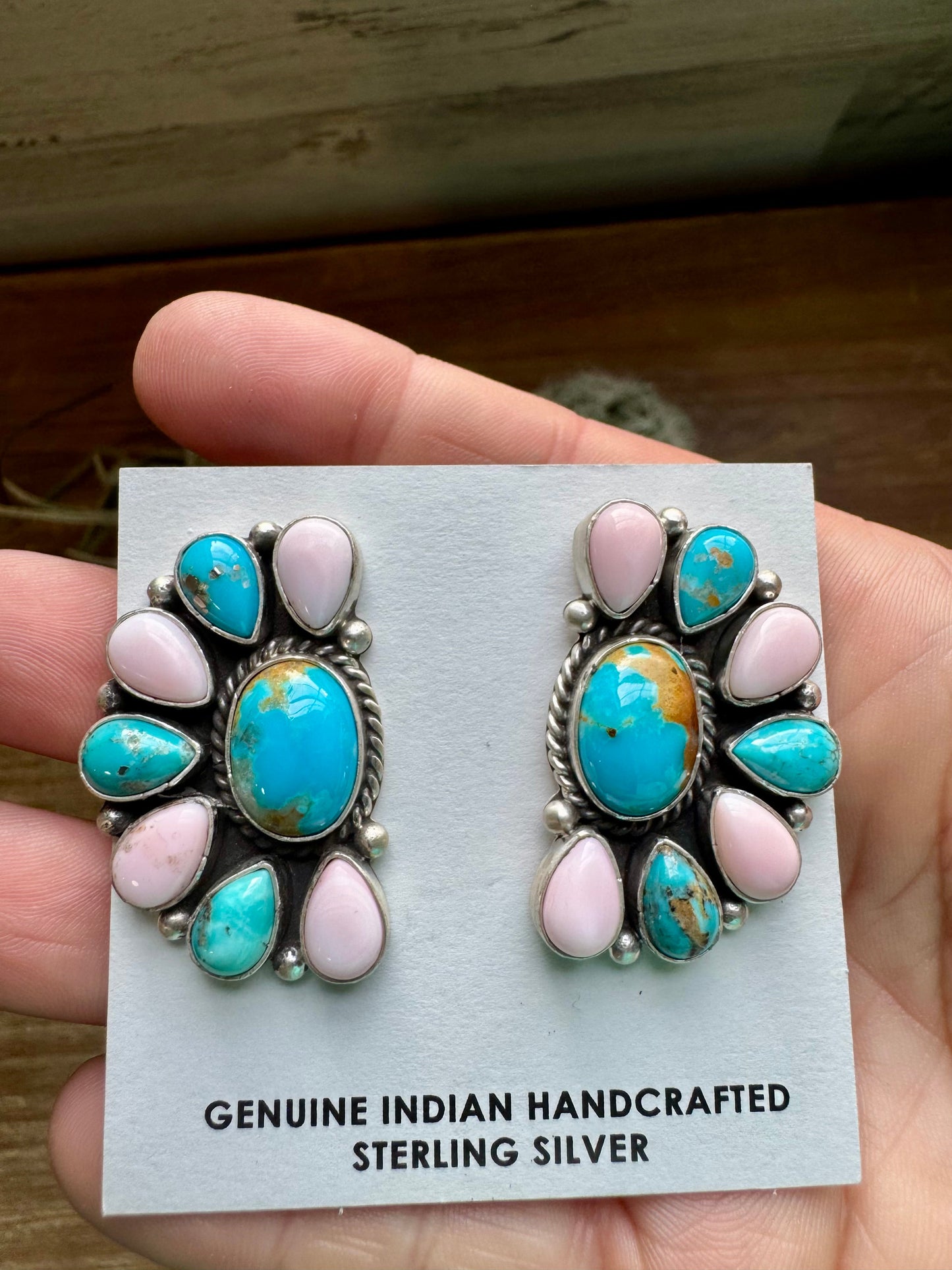 Big Half Cluster Earrings – "Cotton Candy" Mix of Pink Conch & Kingman Turquoise