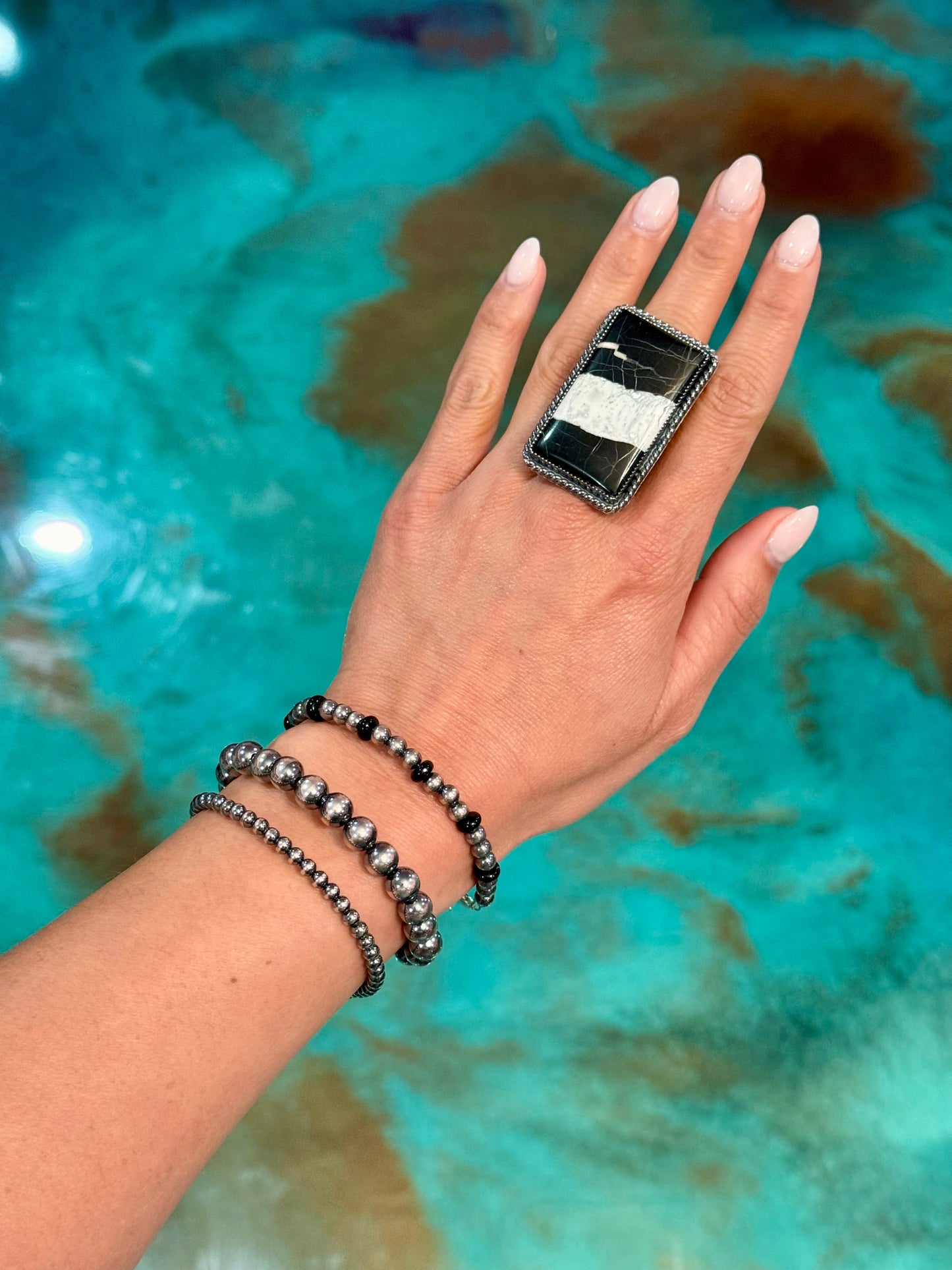 MJ White Buffalo Ring – Sterling Silver Adjustable Band