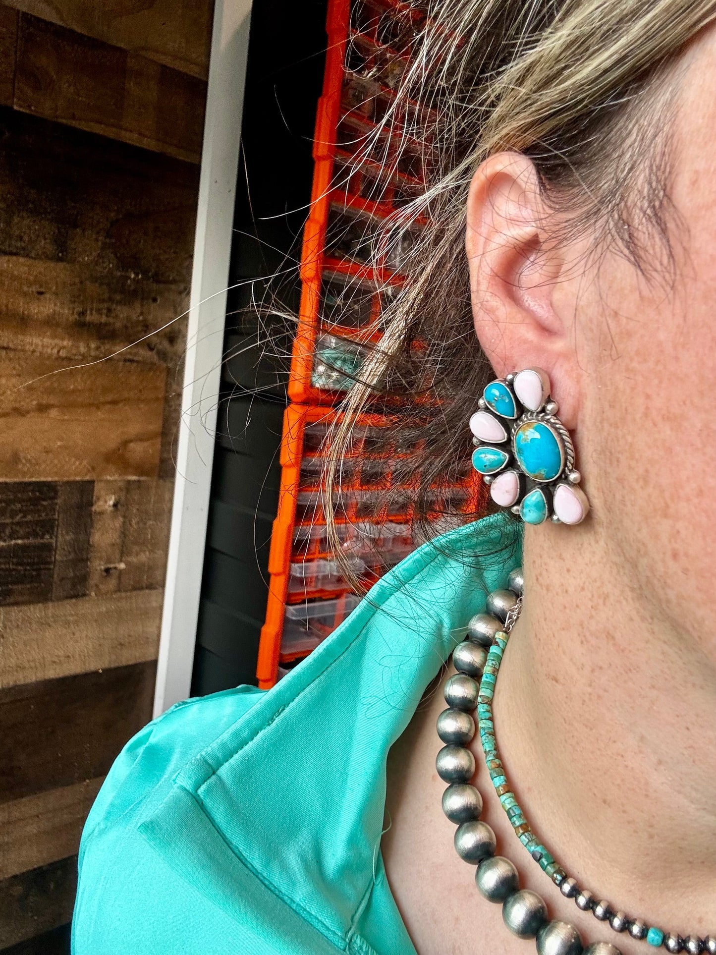 Big Half Cluster Earrings – "Cotton Candy" Mix of Pink Conch & Kingman Turquoise