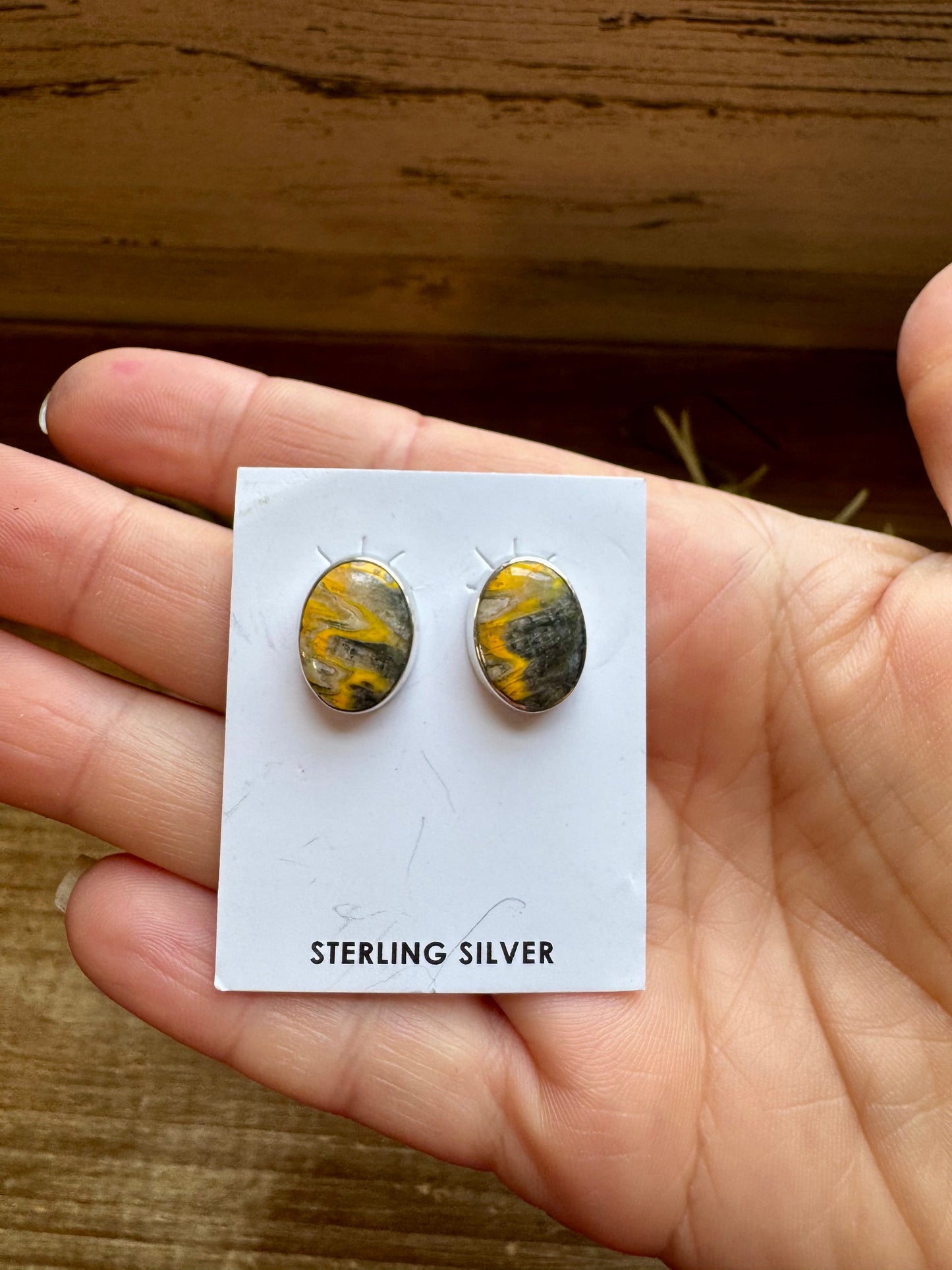 Oval Bumblebee Jasper Stud Earrings – Sterling Silver, Native Made by K.S., USA