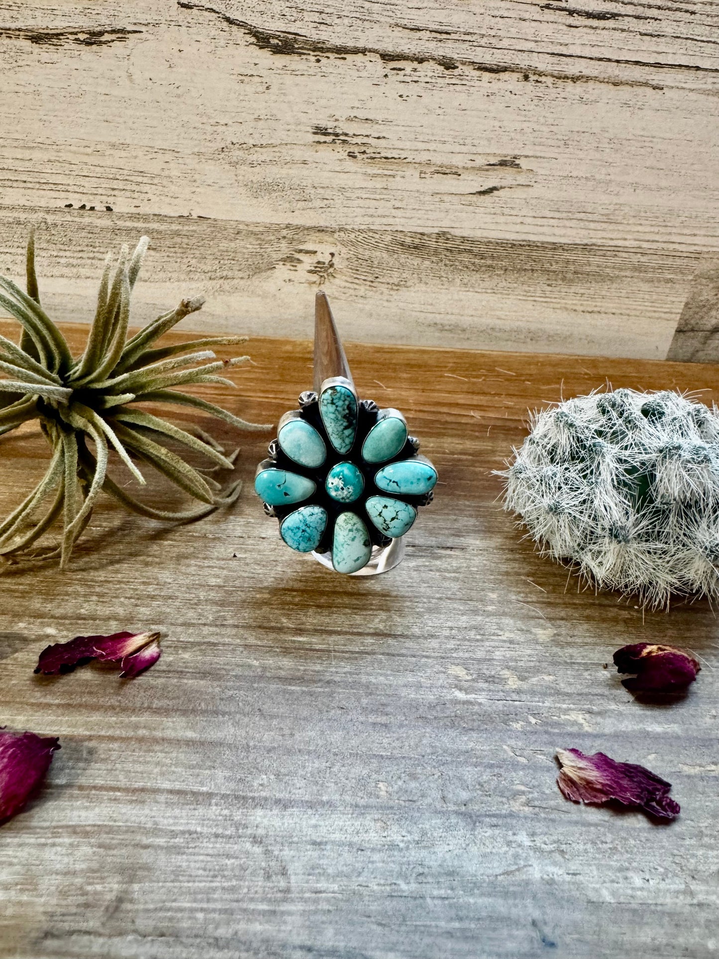 Big flower ring- size 7- Royston turquoise ring and sterling silver