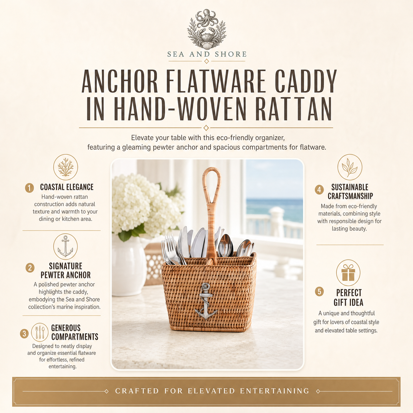Anchor Hand Woven Wicker Rattan Flatware Caddy