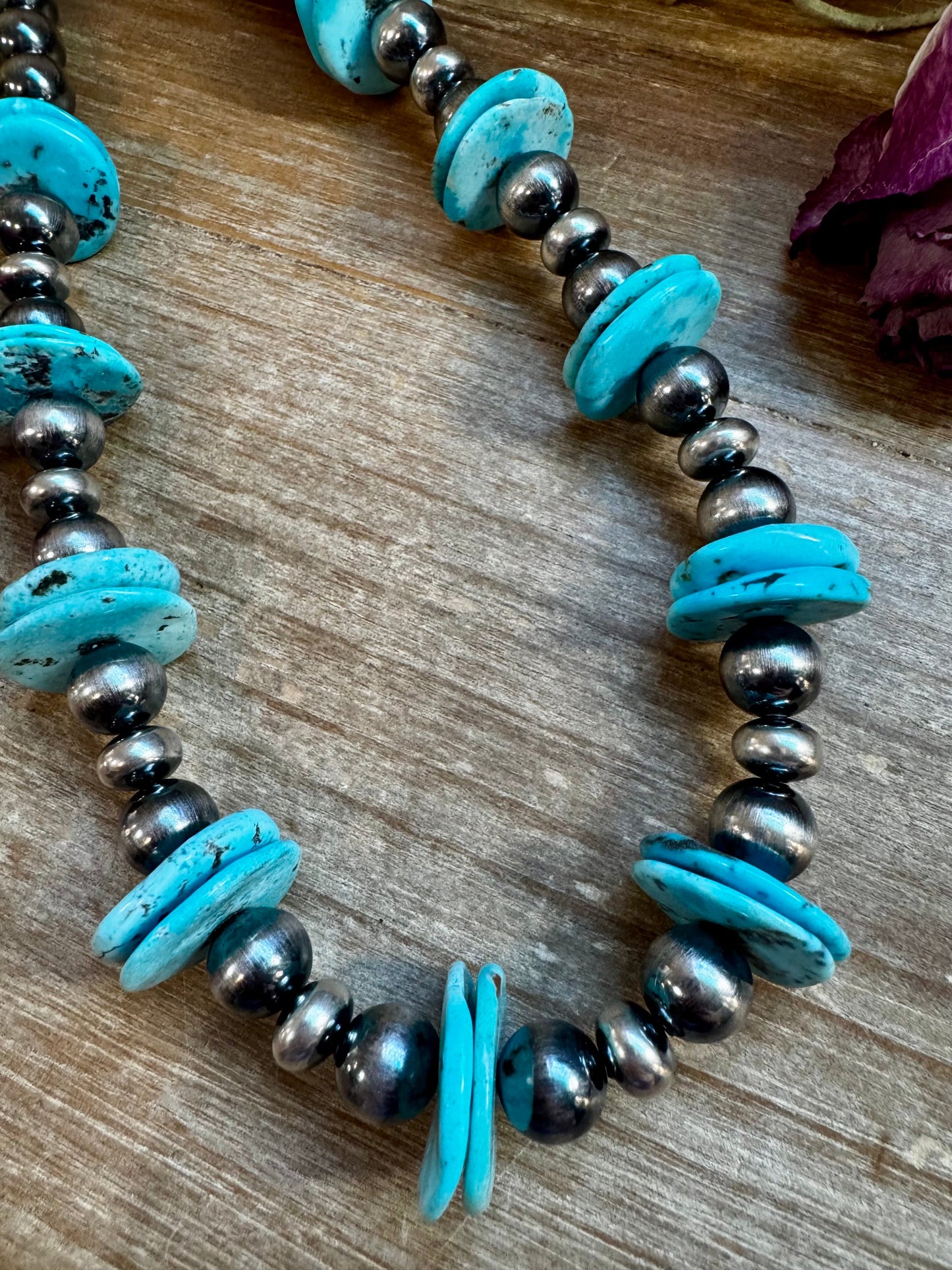 17-inch sterling silver pearl necklace with 20mm blue turquoise rondelle, handmade by The Bijoux FAB in the USA, NFR Collection