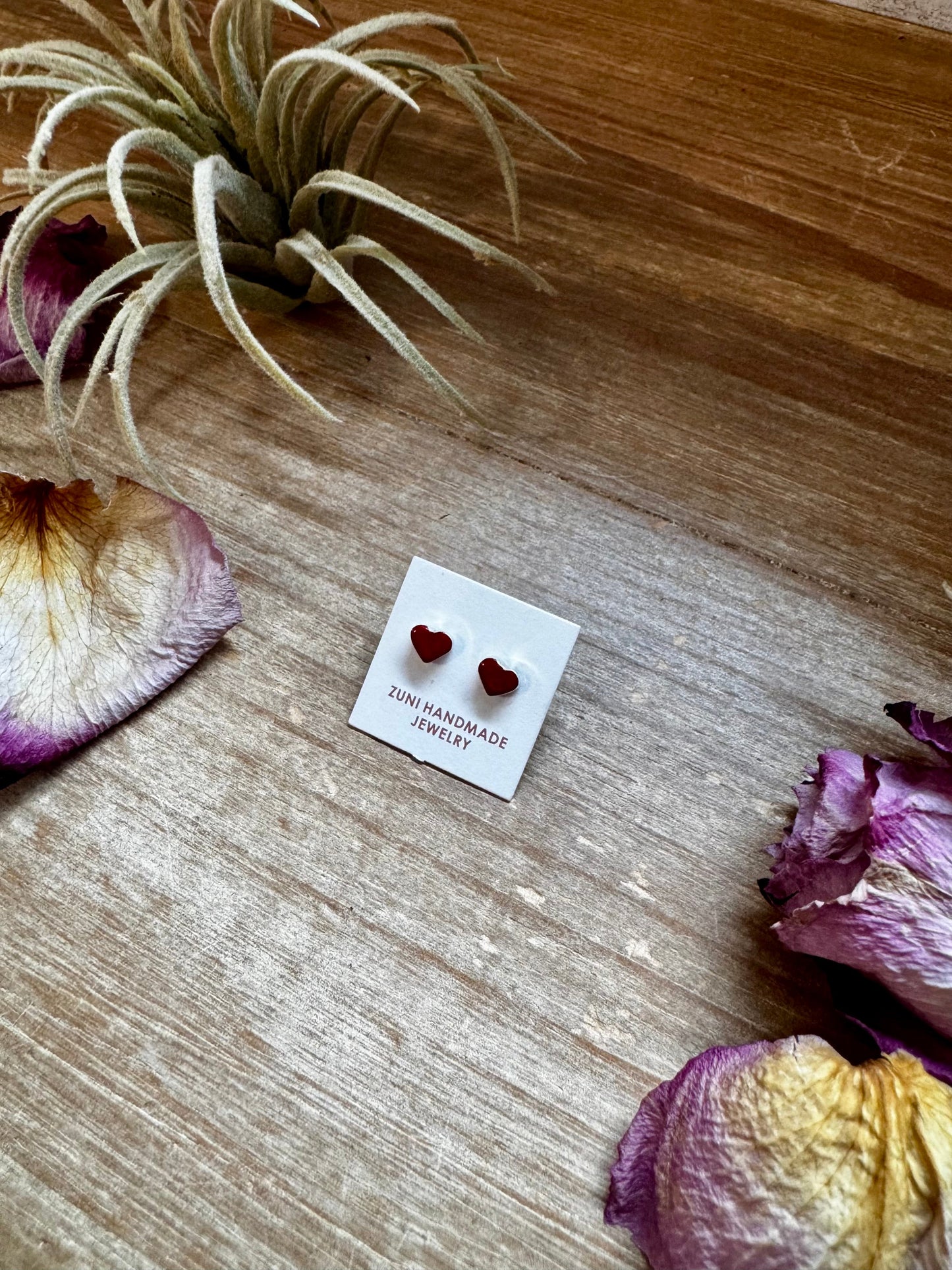 Mini Heart Stud Earrings – Red Inlay – Sterling Silver – Zuni Made
