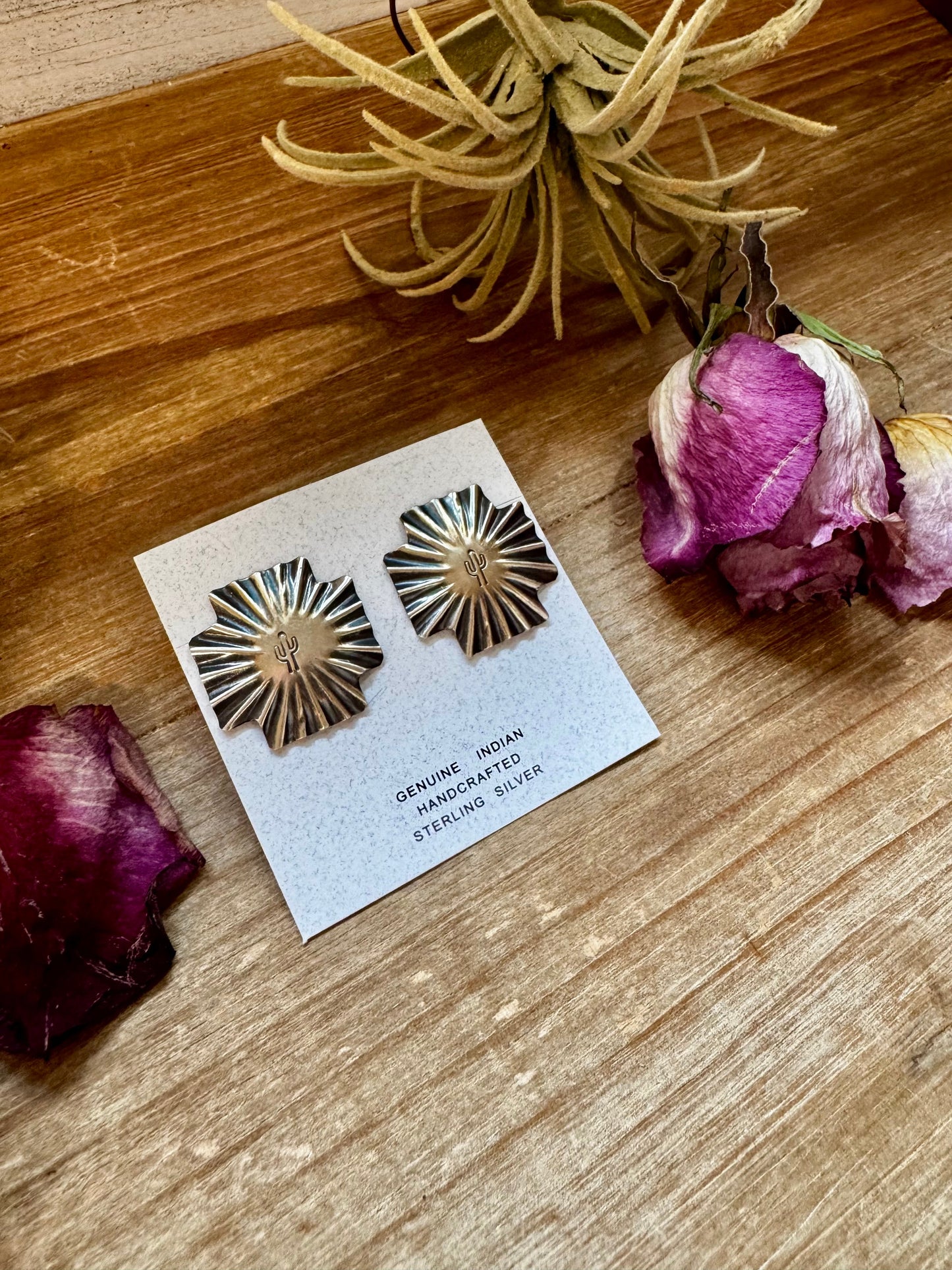 Square Cross Stud Earrings with Cactus Stamp – Sterling Silver