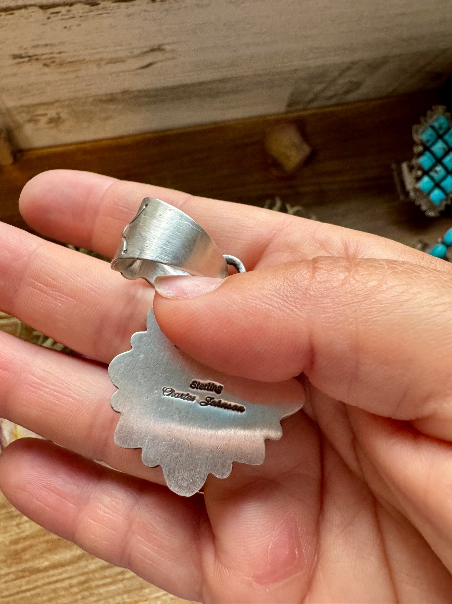 Flower Pendant with Sonoran Gold Turquoise – Sterling Silver – Native Made by Charles Johnson – Fits 10mm