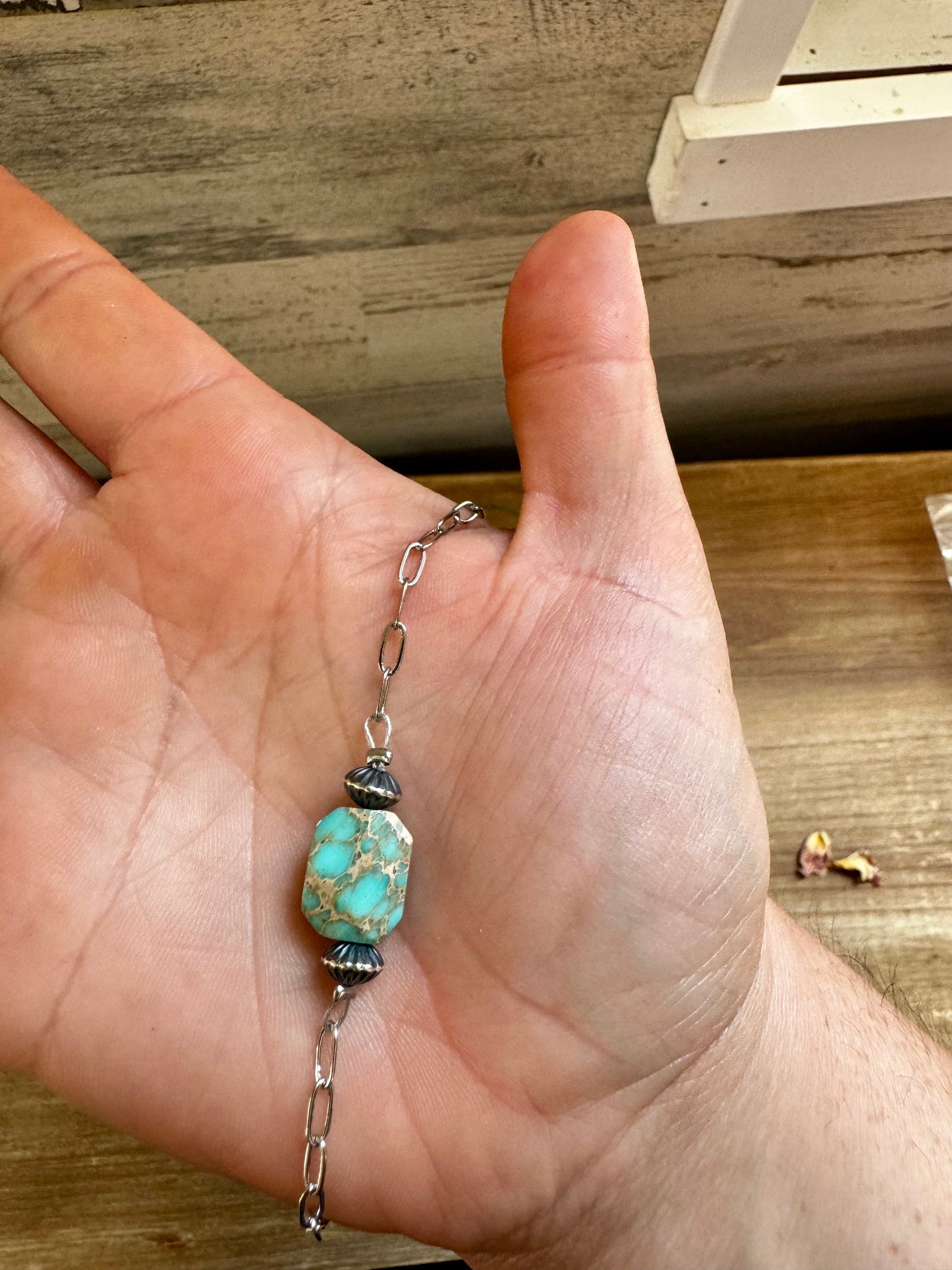 14 inch long necklace with saucer Sterling Silver Pearls and turquoise Verasite