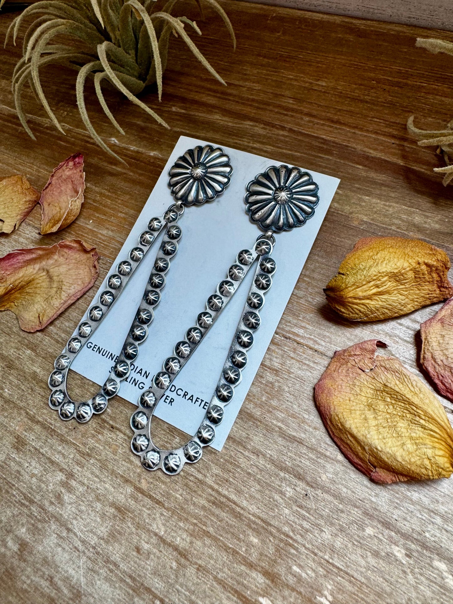 Eugene Charley Navajo Concho & Teardrop Dangle Earrings – Sterling Silver