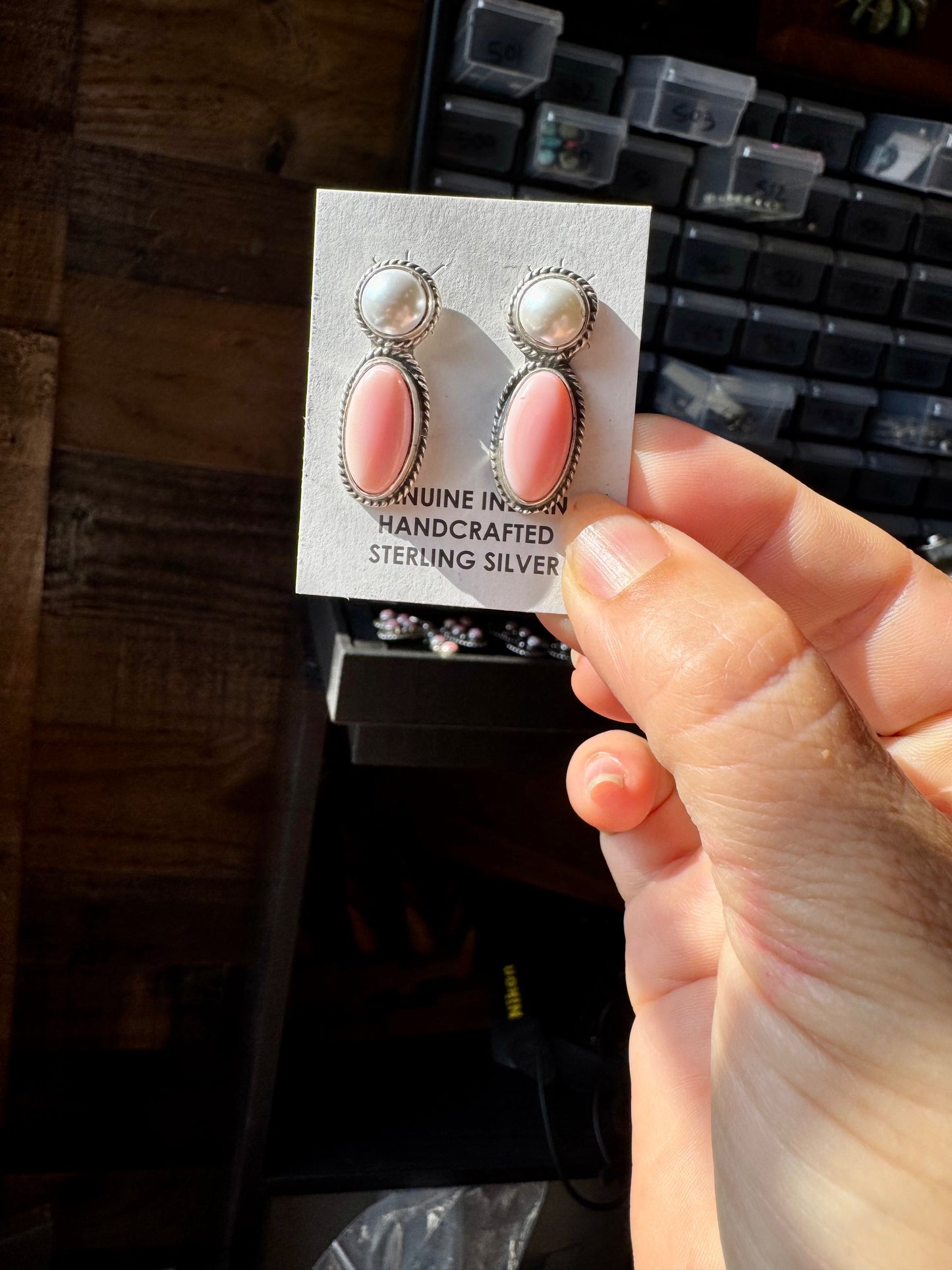 Mother of Pearl & Pink Conch Stud Earrings – Sterling Silver, Post Top, 1.5 Inch, Stamped Marcella James