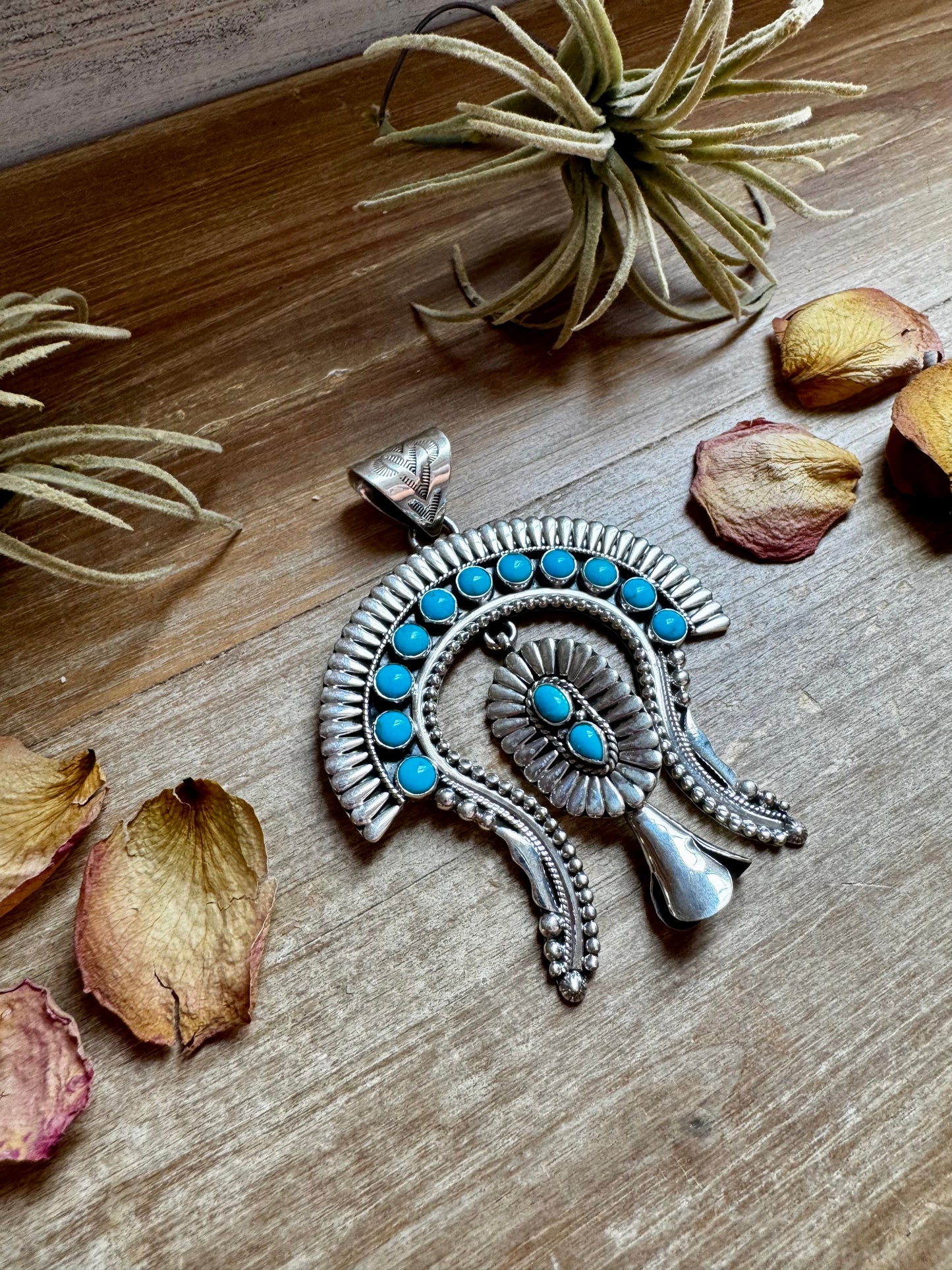 Large Sterling Silver & Kingman Turquoise Pendant – Native Made by L. – Fits 12mm Pearls