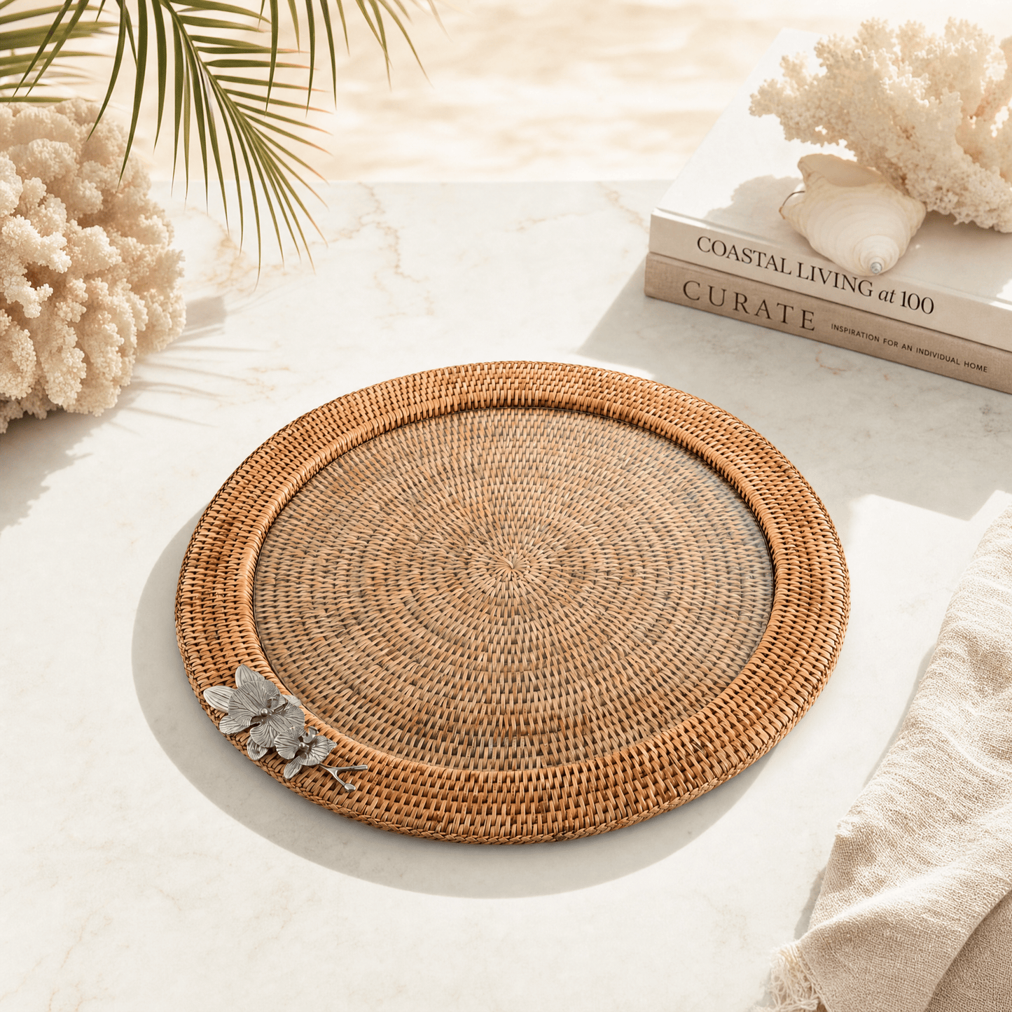 Orchid Round Serving Tray Hand Woven Wicker Rattan - Glass Insert