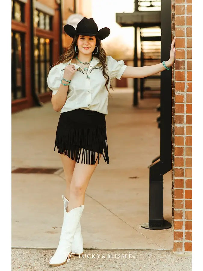 Black Stgretch Suede Fringe High Rise Skorts