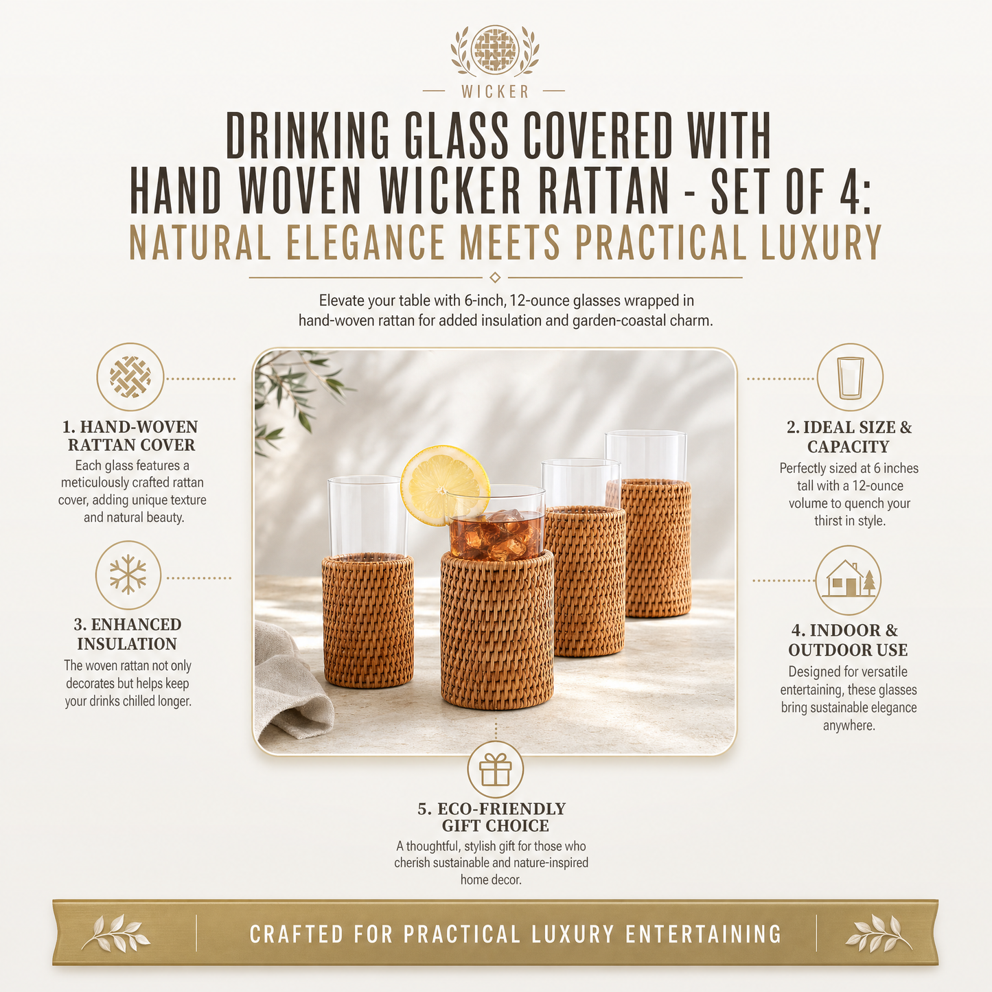 Drinking Glass Covered with Hand Woven Wicker Rattan - Set of 4