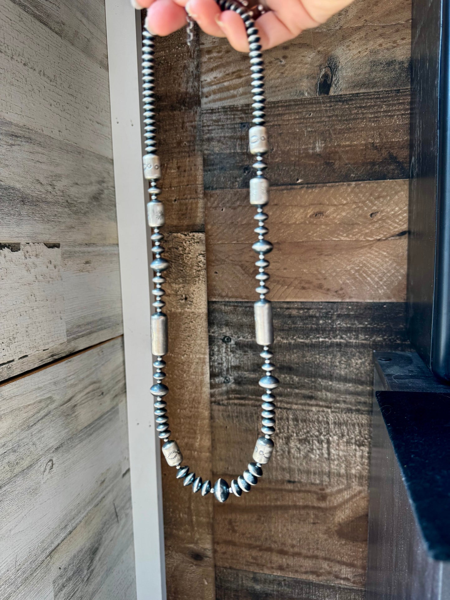 Graduated Barrel Bead Necklace – 24 Inch – Sterling Silver Saucer & Barrel Beads