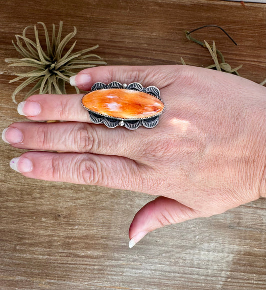 Tia Long Spiny Oyster Ring – Navajo Made – Adjustable Sterling Silver