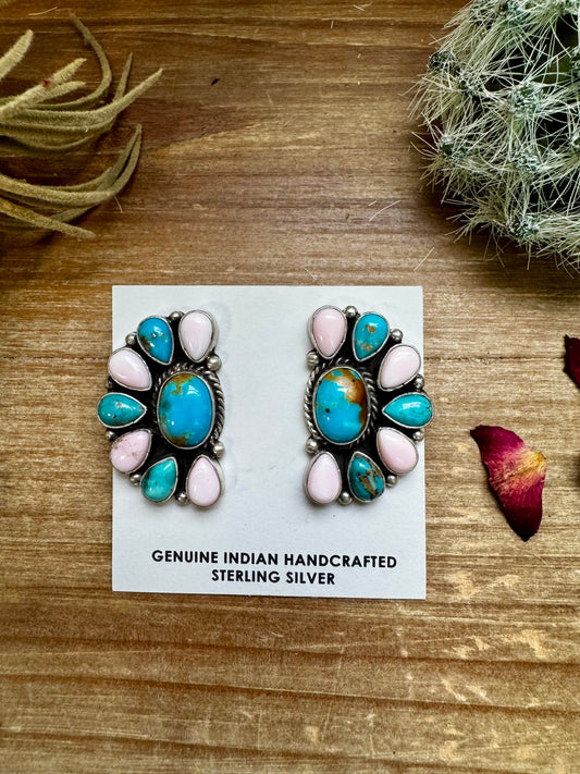Big Half Cluster Earrings – "Cotton Candy" Mix of Pink Conch & Kingman Turquoise