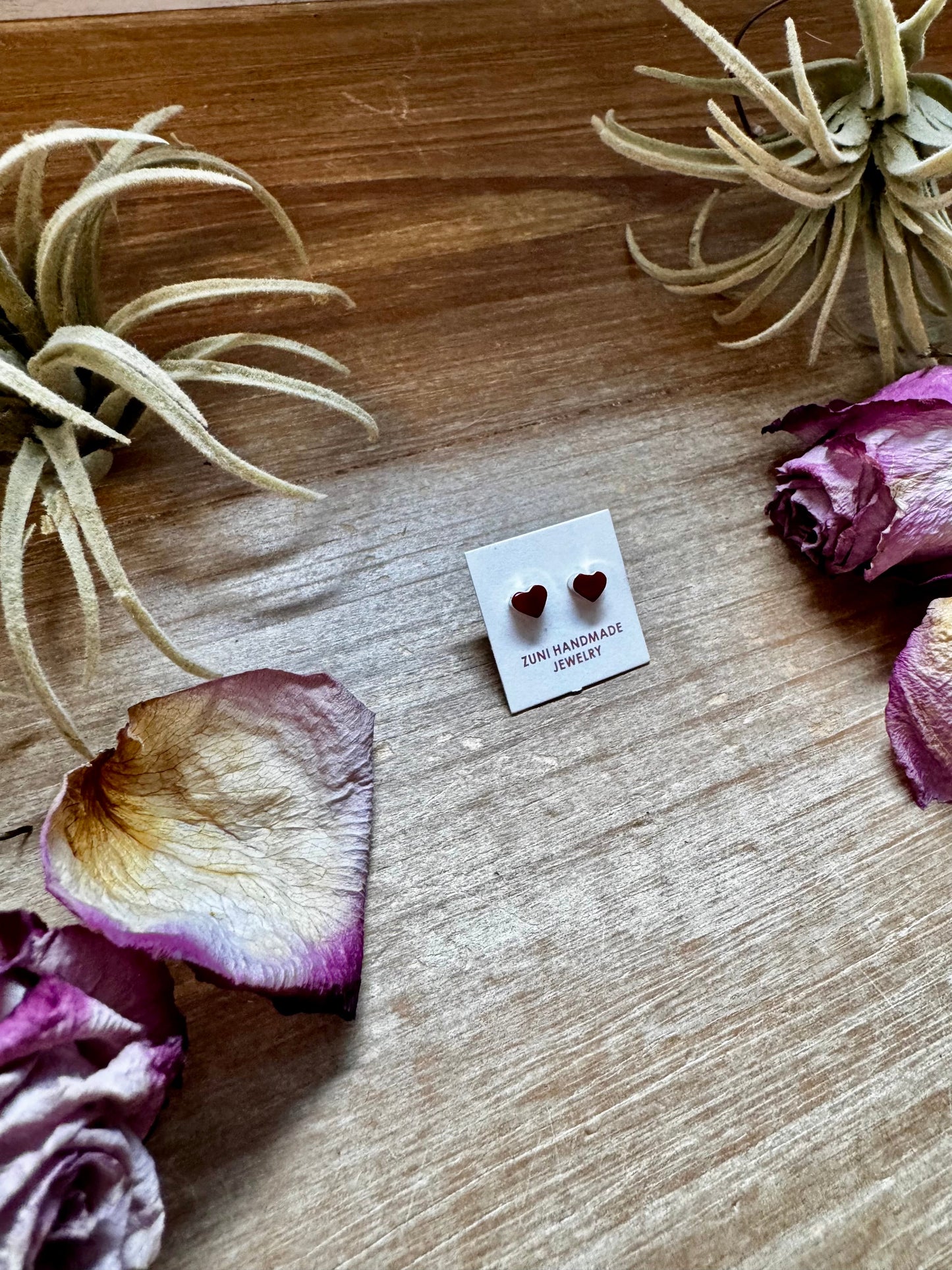 Mini Heart Stud Earrings – Red Inlay – Sterling Silver – Zuni Made