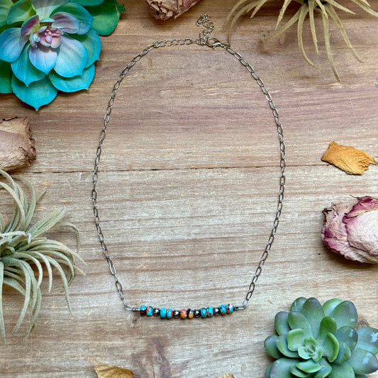Mojave Turquoise, Spiny Oyster & Sterling Silver Pearl Paperclip Necklace