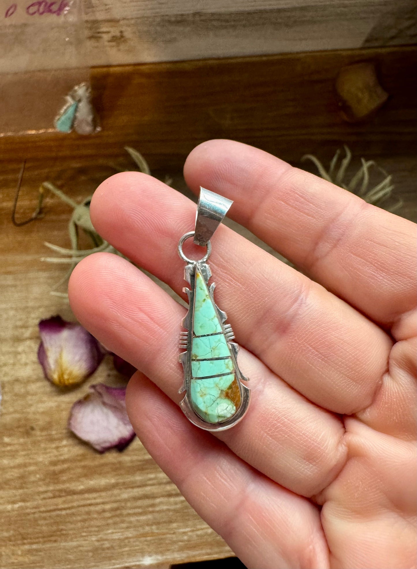 Teardrop Pendant with Kingman Turquoise – Option 3 – Sterling Silver – Native Made by SF – Fits 5mm