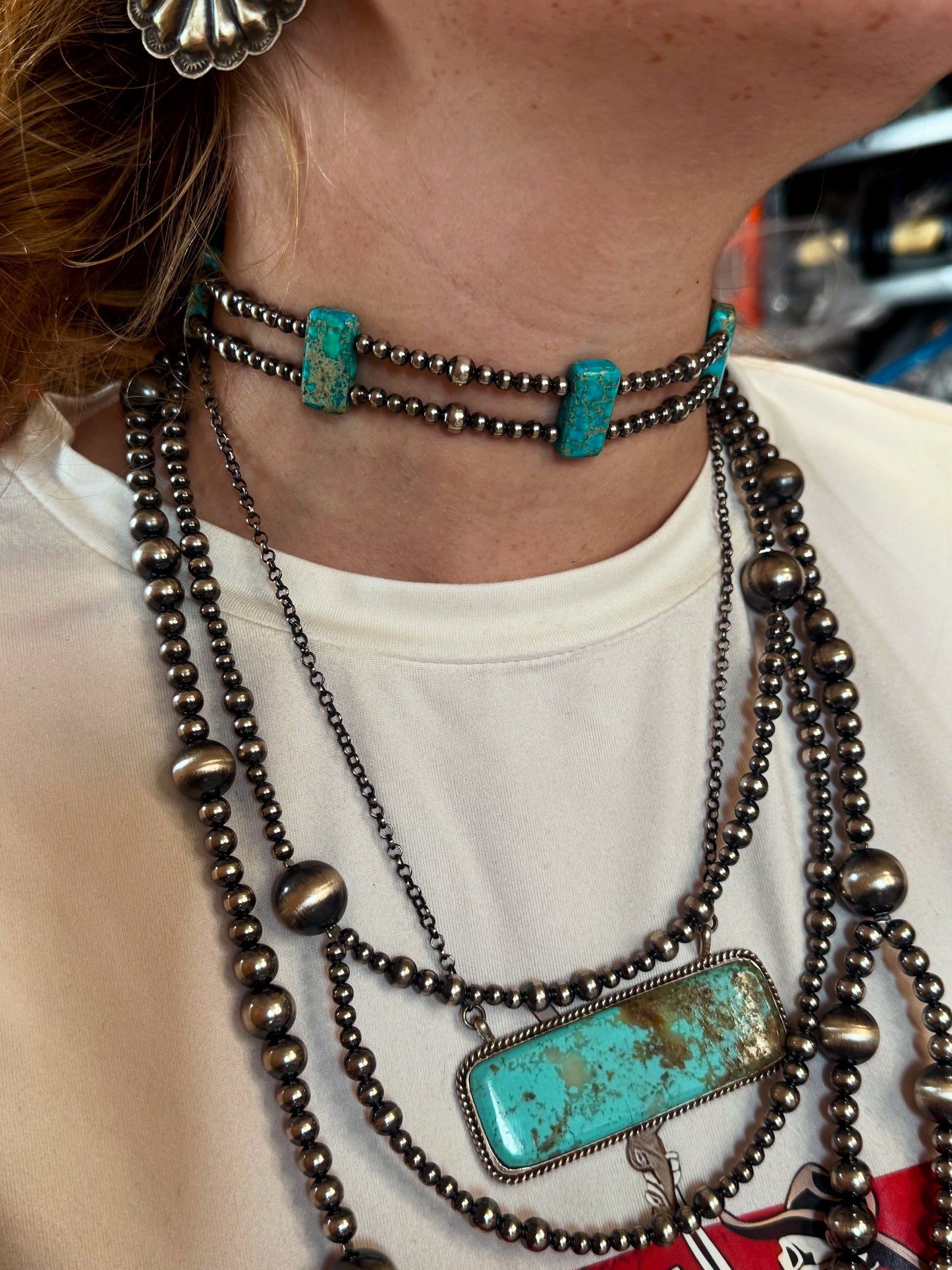 Green Double Strand Necklace – 13” Beaded – Sterling Silver Pearls & Rectangle Variscite Turquoise