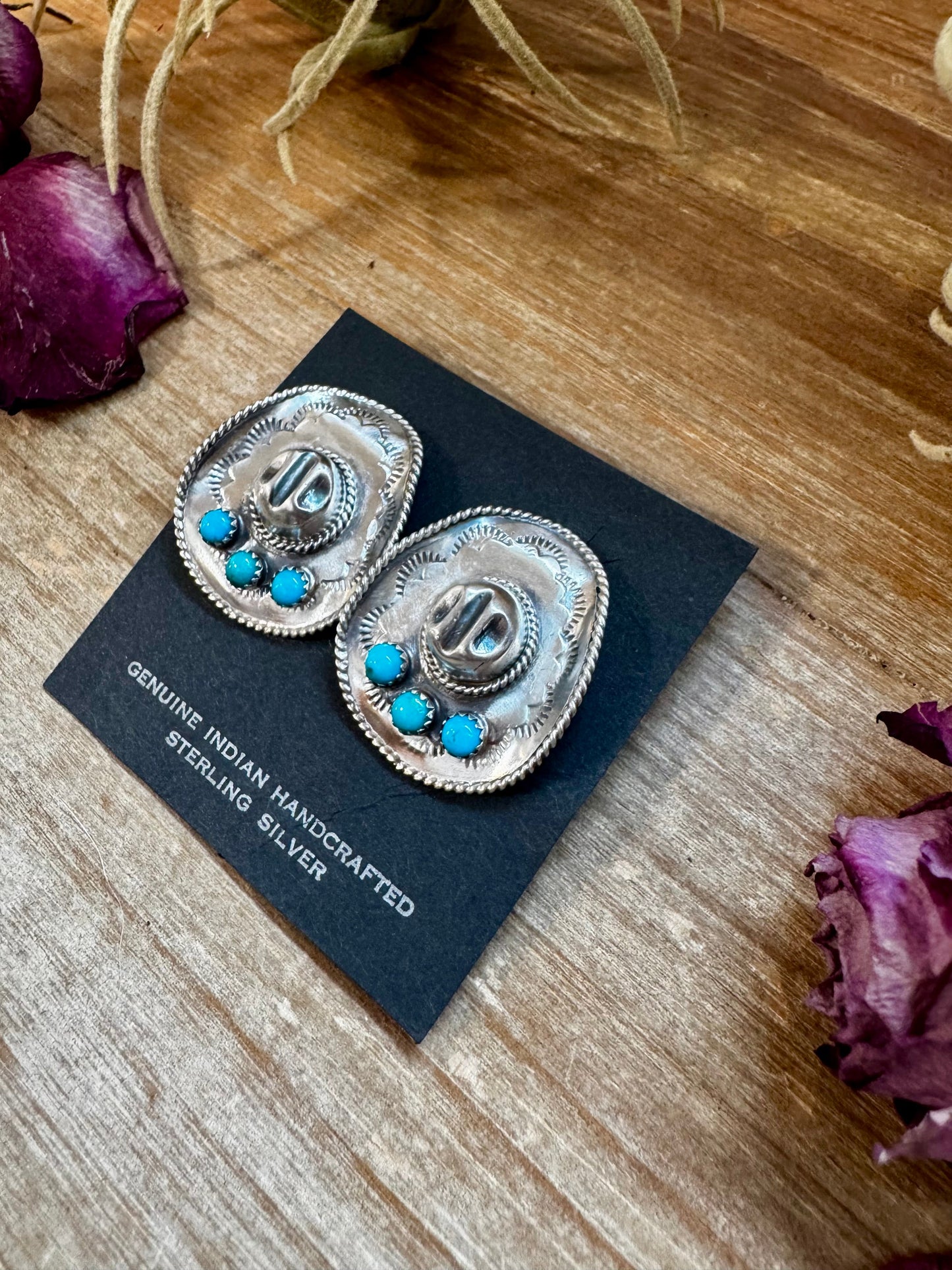 Cowboy Hat Stud Earrings with Kingman Turquoise – Sterling Silver – Native Made by Bobby Platero
