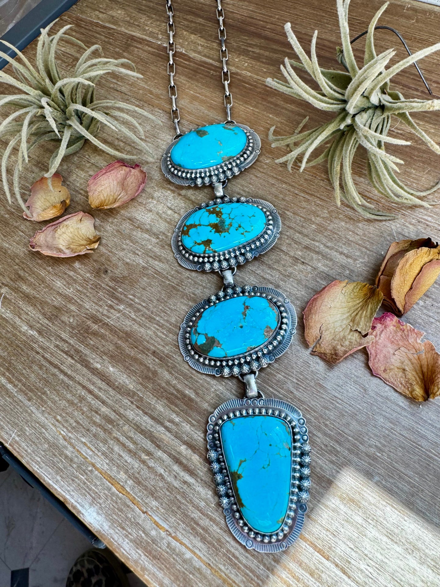 Massive Lariat Necklace – Kingman Turquoise – 19.5 Inch Sterling Silver Paperclip Chain – 8 Inch Drop – Native Made by T. Nez Sr.