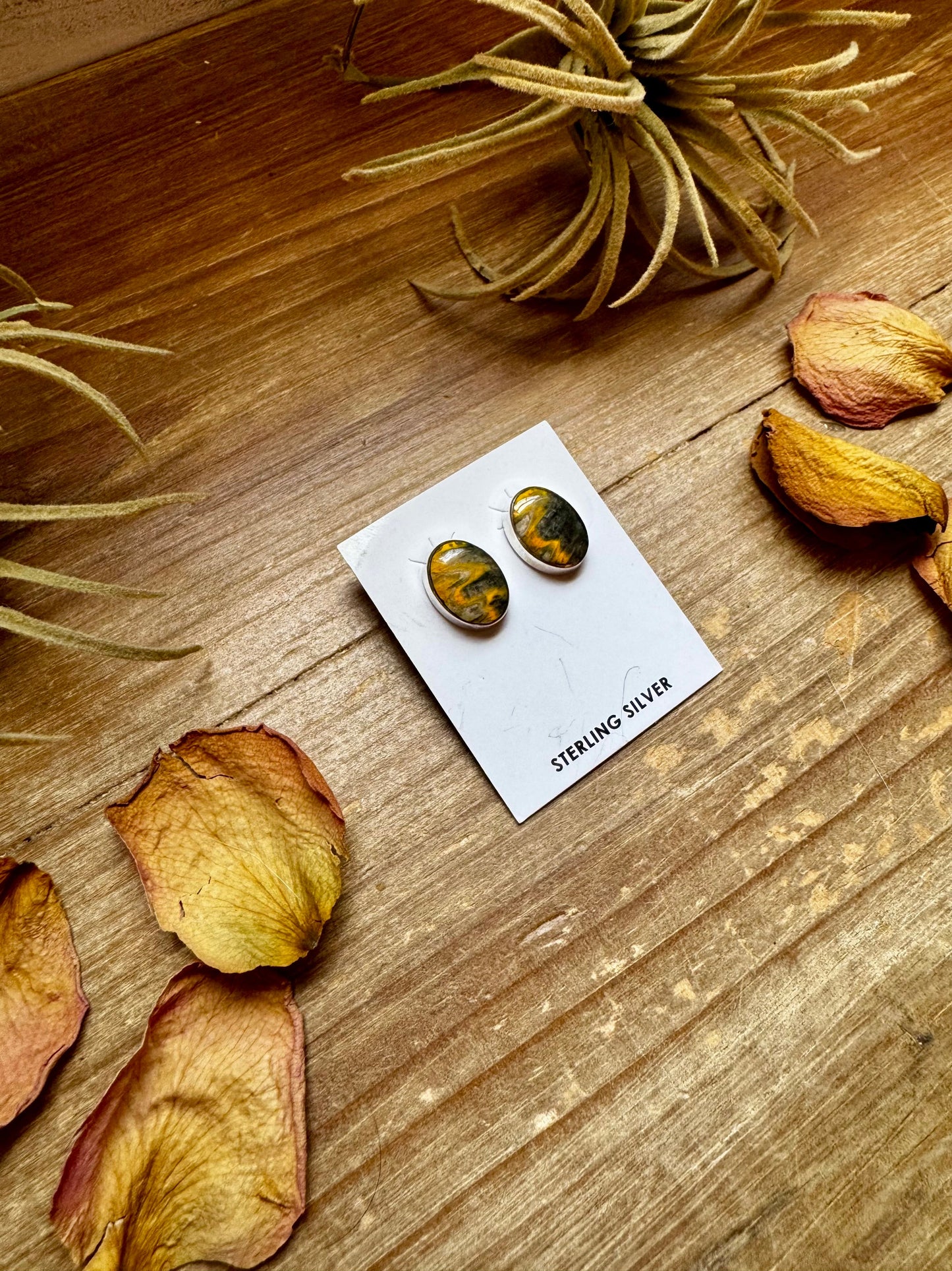 Oval Bumblebee Jasper Stud Earrings – Sterling Silver, Native Made by K.S., USA
