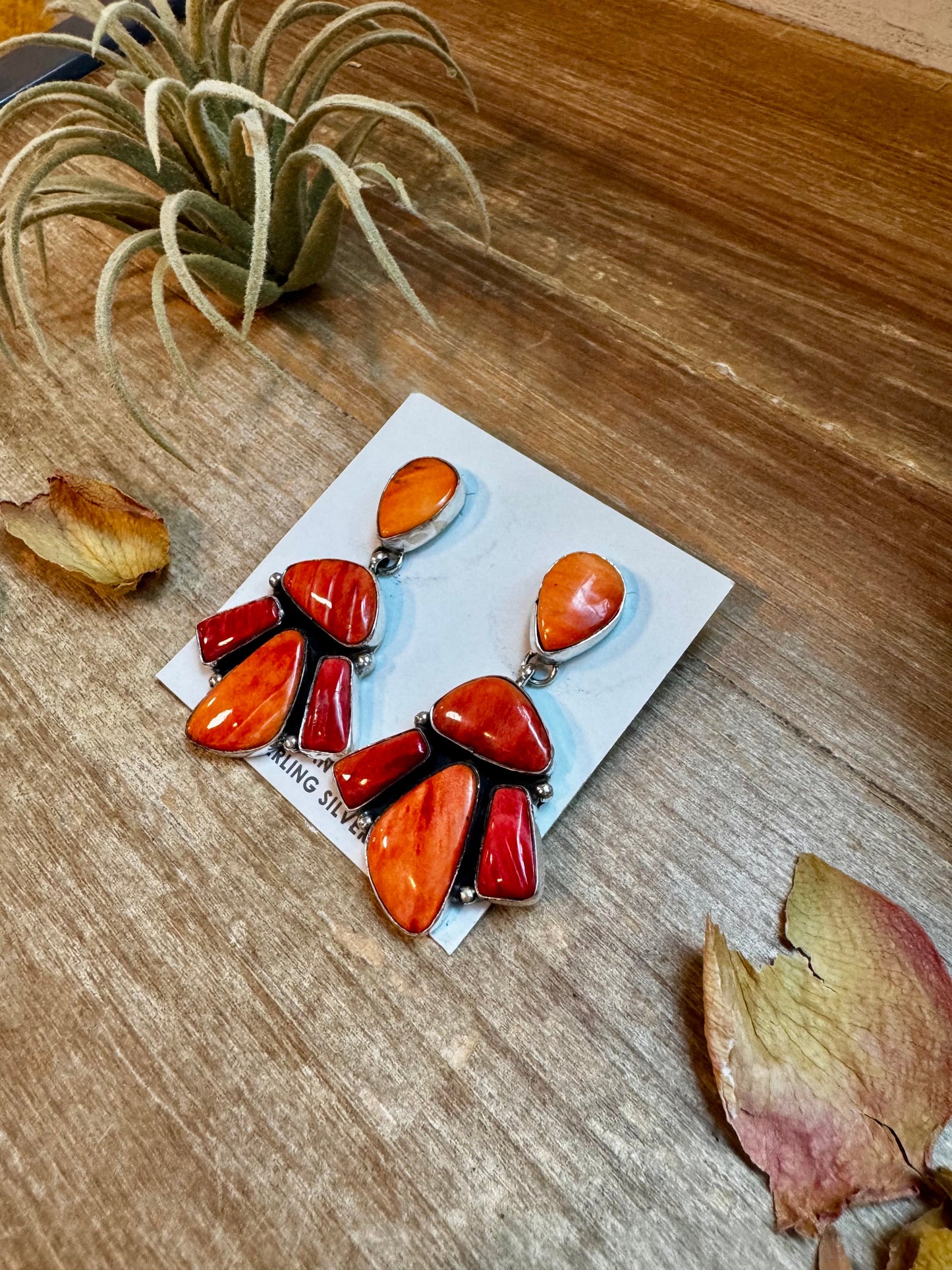 Spiny Oyster & Orange Cluster Earrings – Dangle with Stud Post