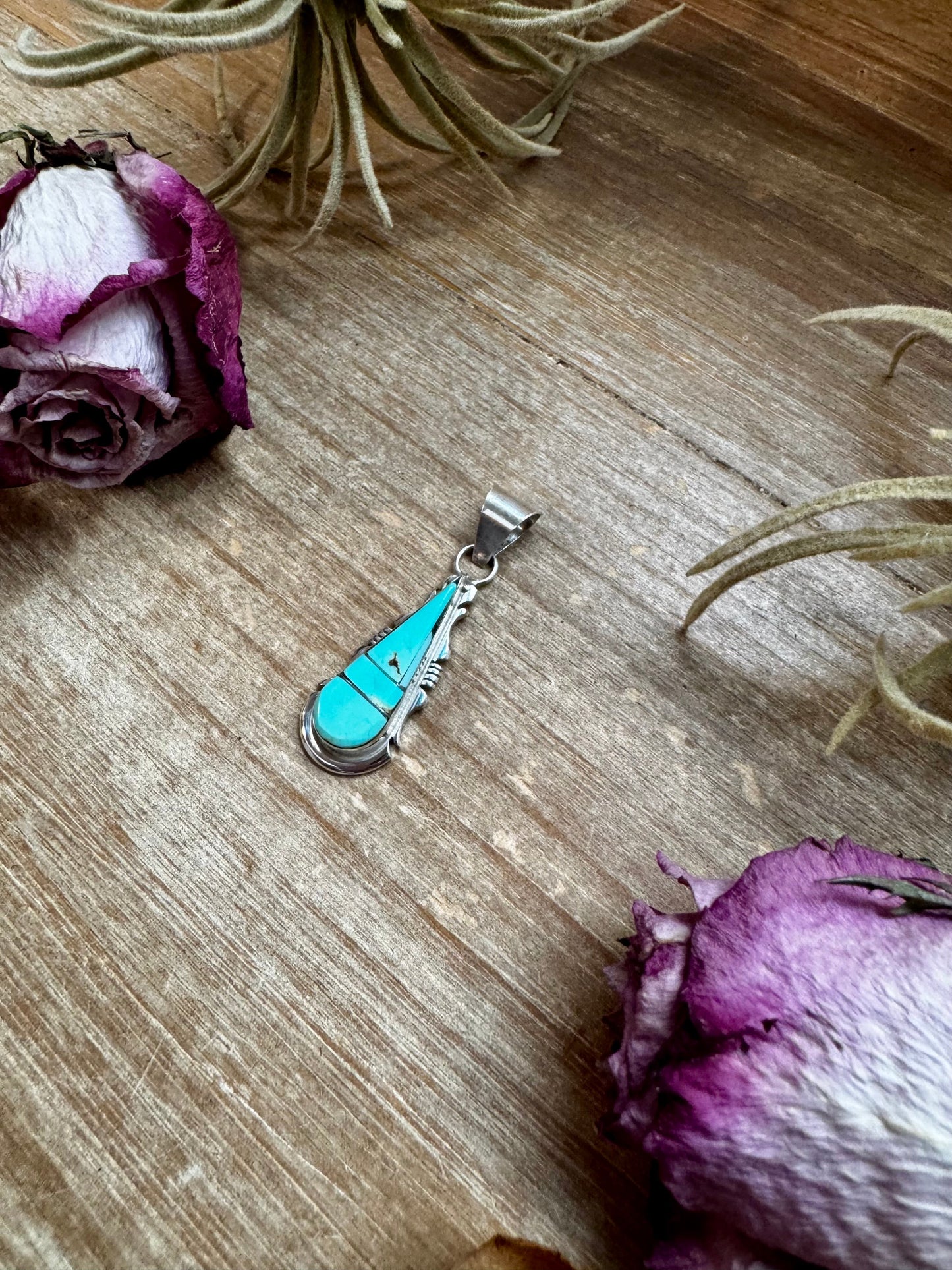Teardrop Pendant with Kingman Turquoise – Option 2 – Sterling Silver – Native Made by SF – Fits 5mm