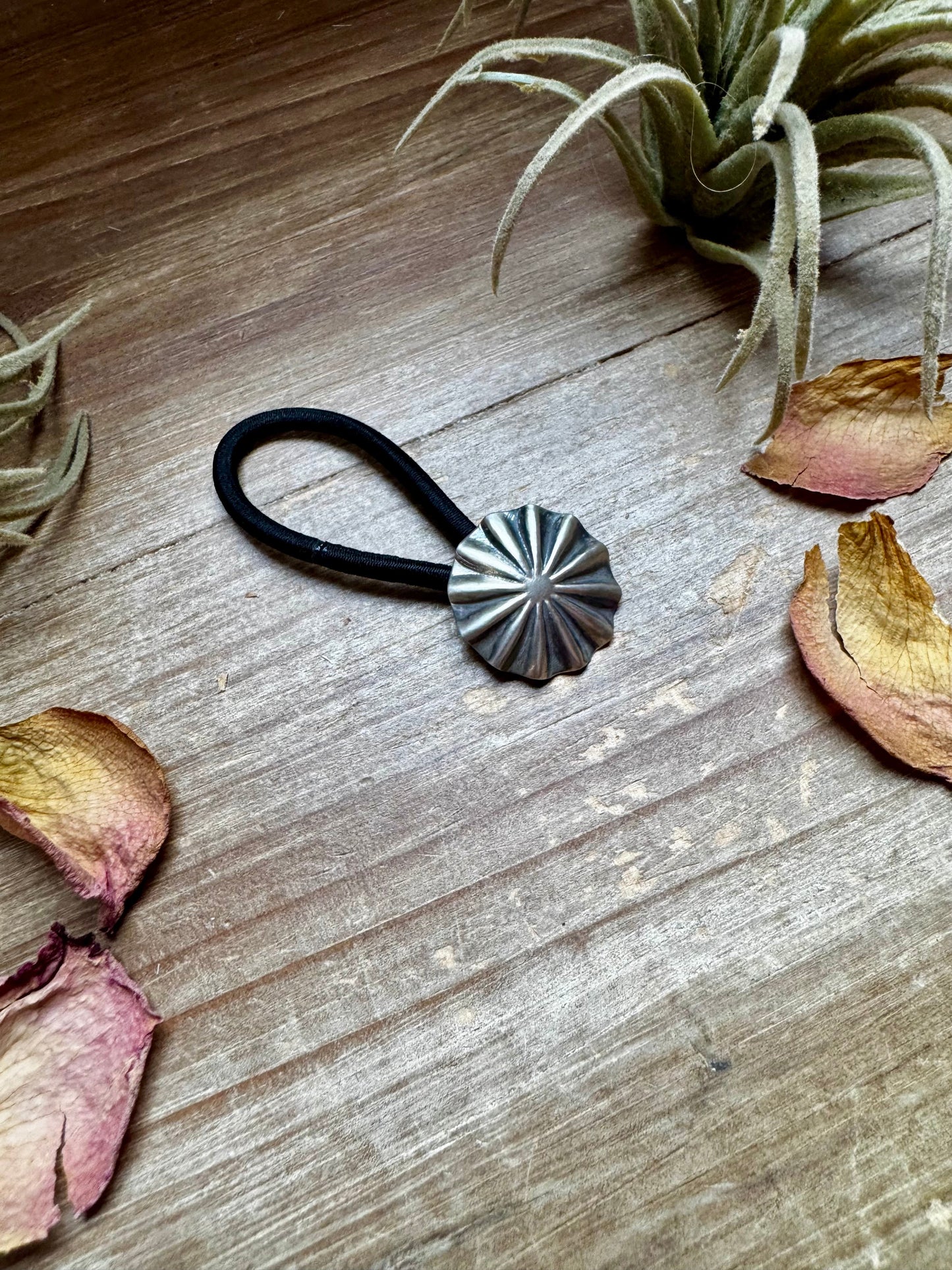 Sterling Silver Hair Tie – Small Stamped Concho