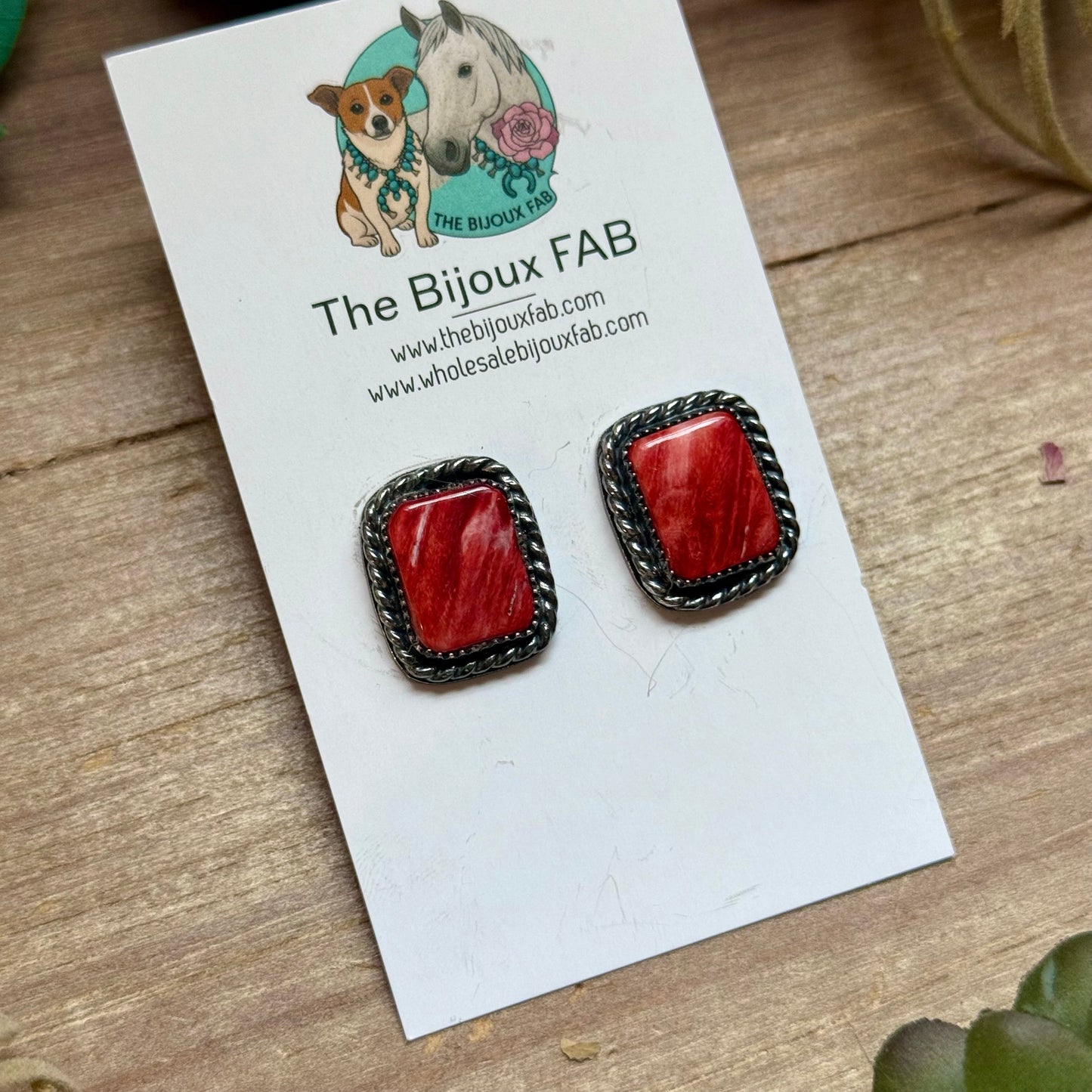 MJ Red Spiny Oyster Rectangle Stud Earrings