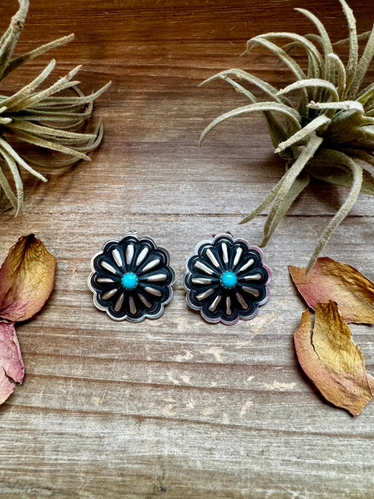 Large Concho Stud Earrings – Turquoise & Sterling Silver