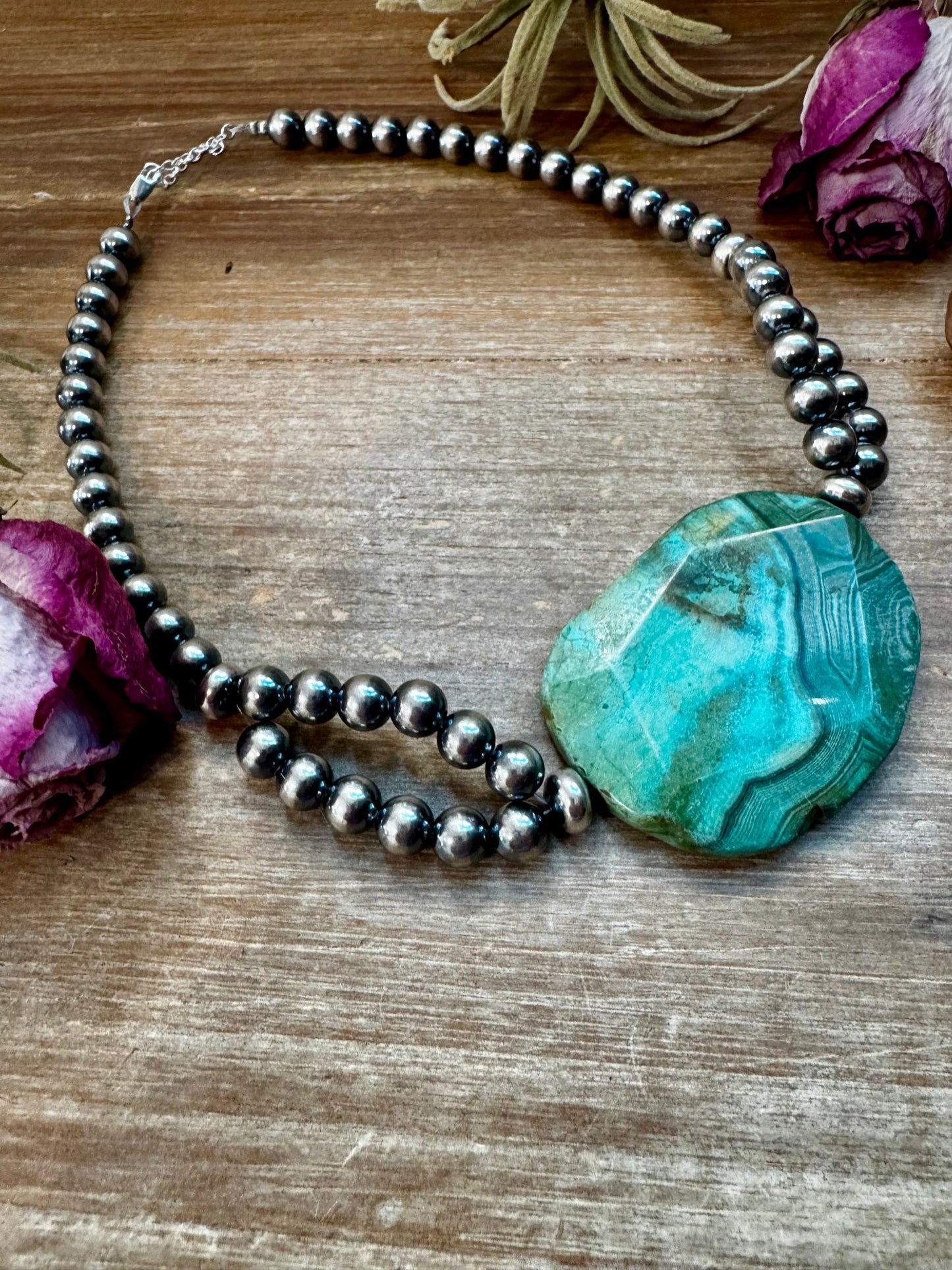 Agate Druzy Necklace – 8mm & 10mm Sterling Silver Pearls – Handmade by The Bijoux FAB – 17"