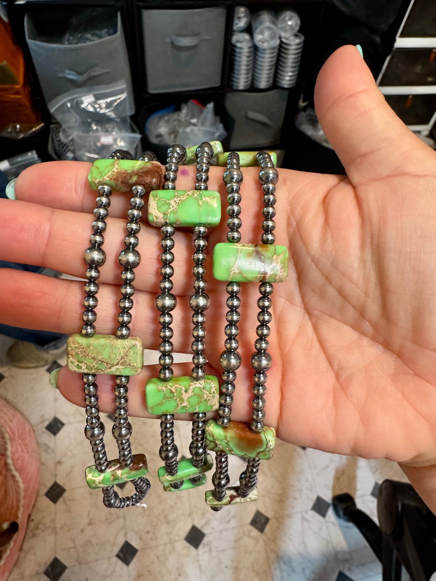 Green Double Strand Necklace – 13” Beaded – Sterling Silver Pearls & Rectangle Variscite Turquoise