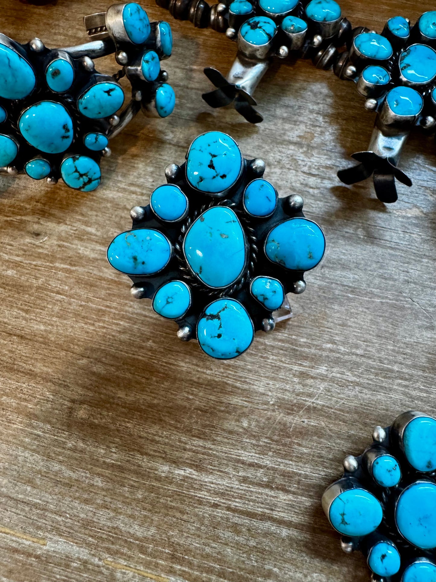 Complete Squash Blossom Set – Kingman Turquoise – Sterling Silver – Navajo Made by Wilson Dawes