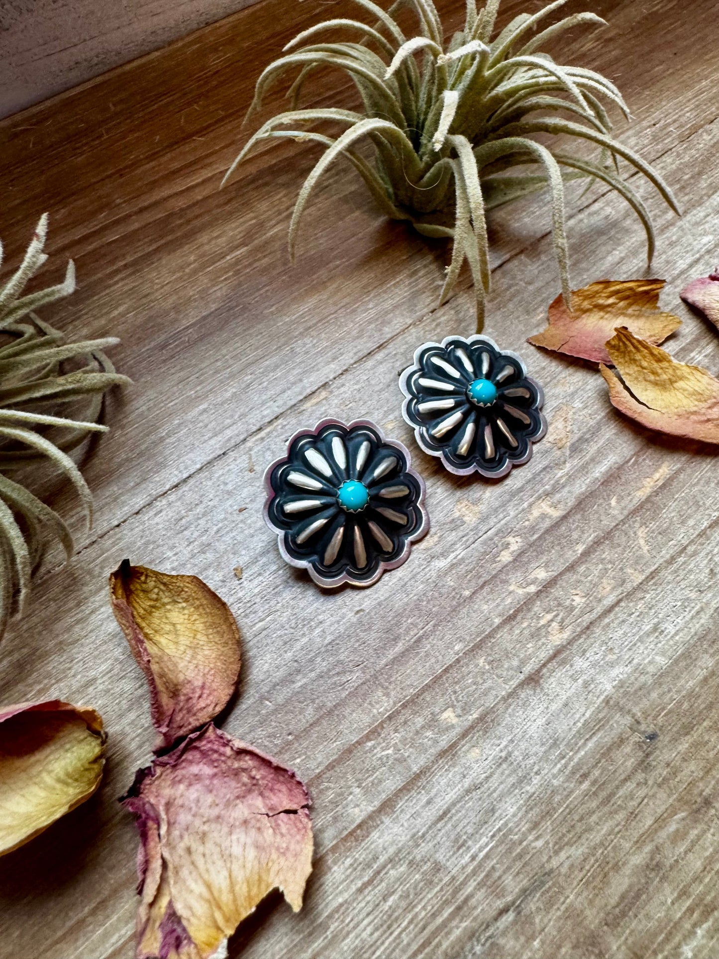 Large Concho Stud Earrings – Turquoise & Sterling Silver