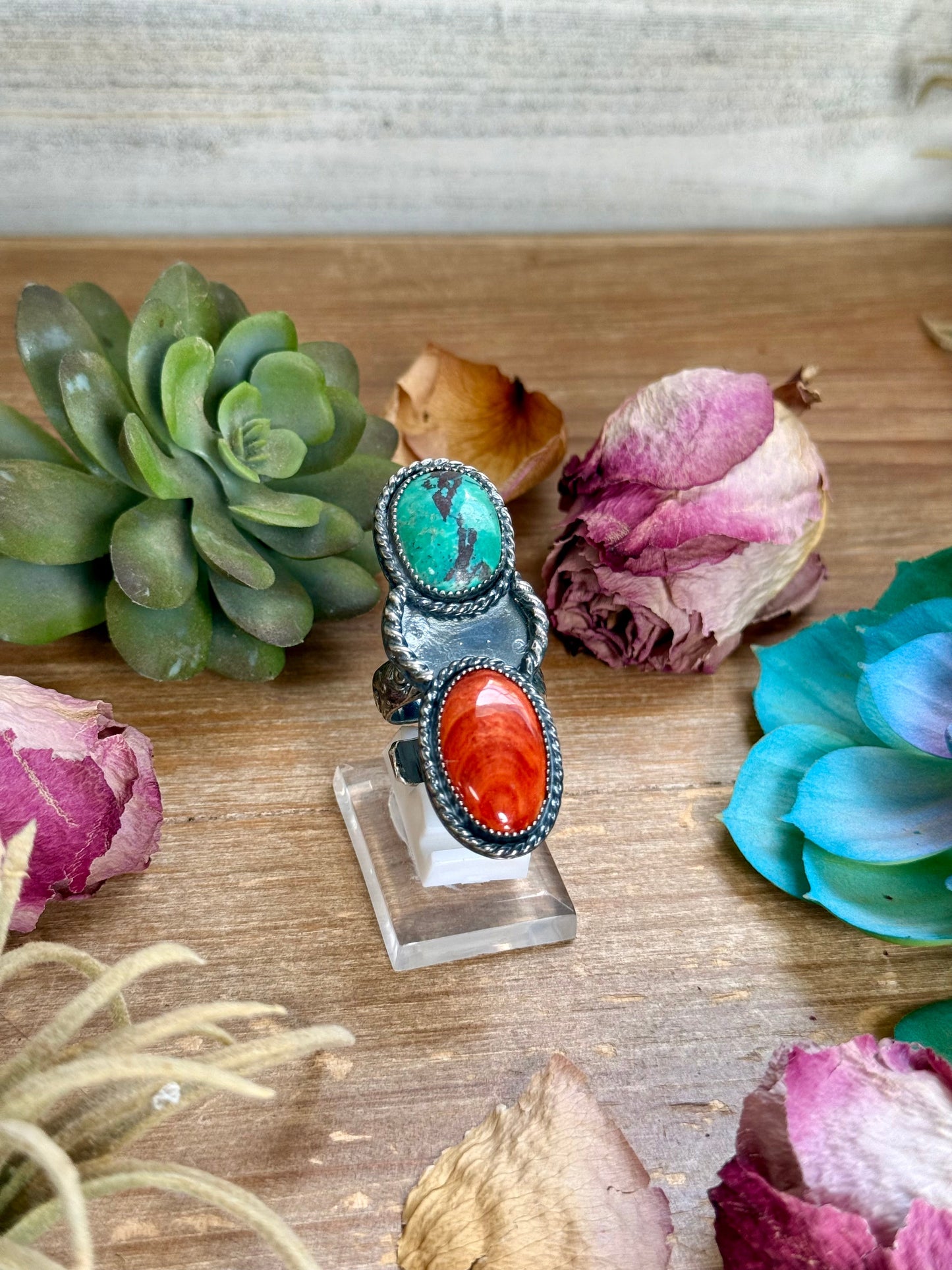 MJ Turquoise & Red Spiny Oyster Ring – Sterling Silver Adjustable Band