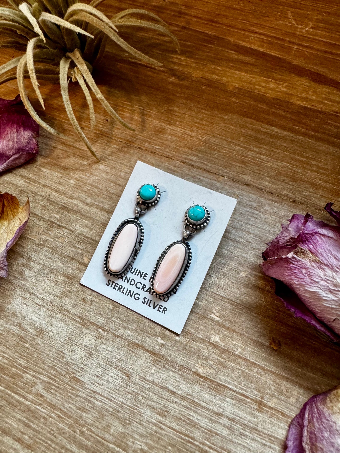 Kingman Turquoise & Pink Conch Dangle Earrings – Sterling Silver – Native Made by Marcella James